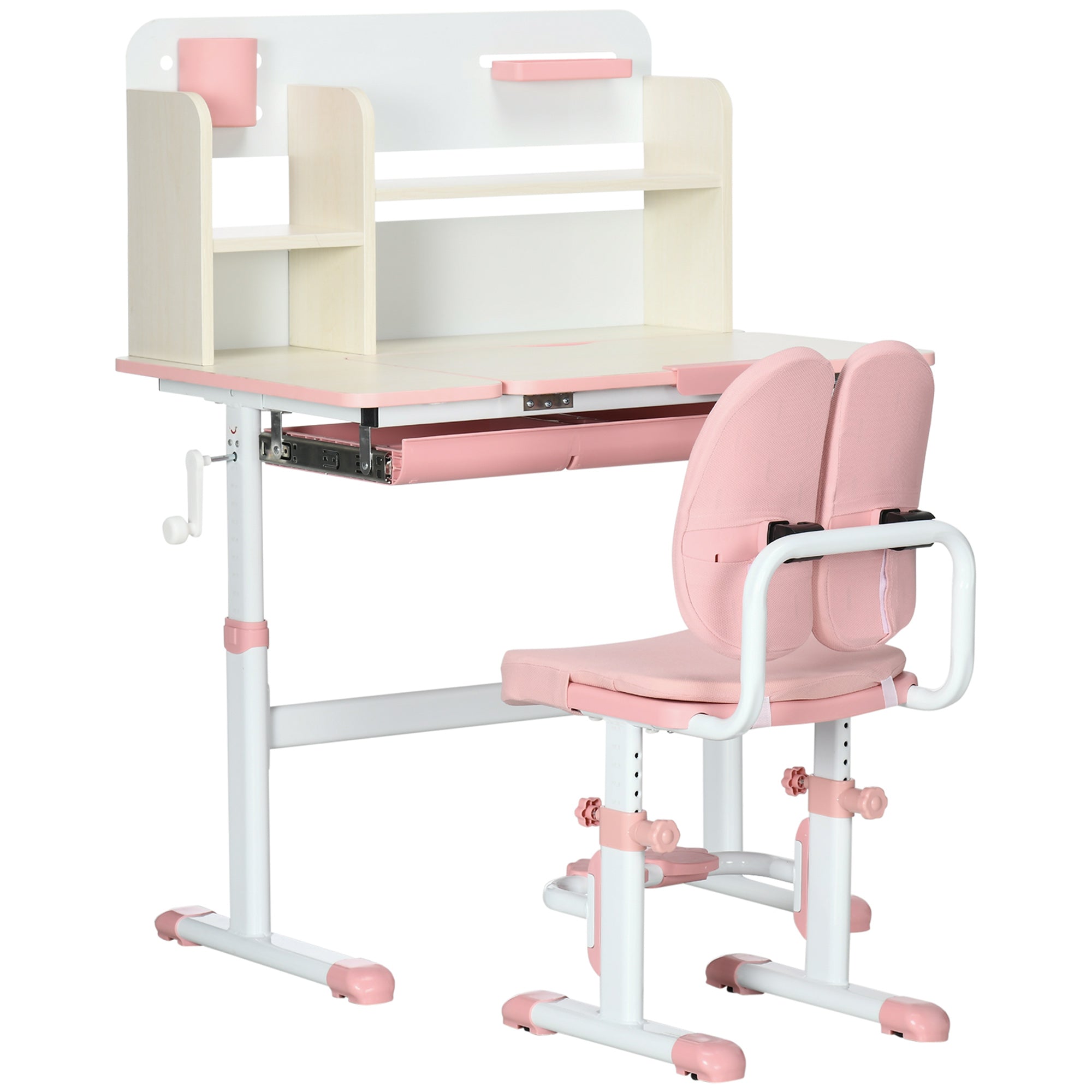 Children's Study Desk and Chair Set for 3+ Years Adjustable Height Kids Desk with 1 Drawer 1 Bookshelf and Tiltable Tabletop 80x52x88-109 cm Pink and White