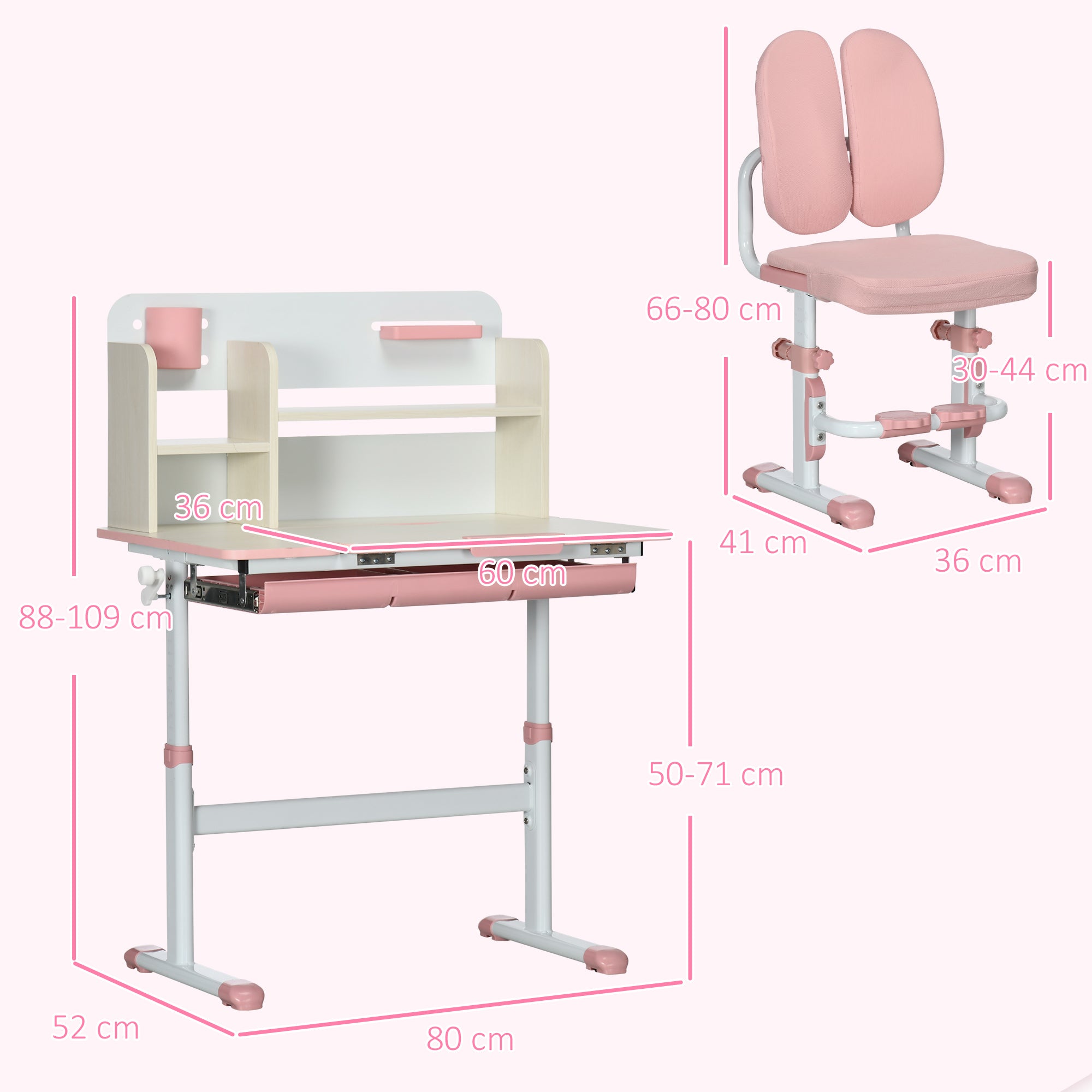 Children's Study Desk and Chair Set for 3+ Years Adjustable Height Kids Desk with 1 Drawer 1 Bookshelf and Tiltable Tabletop 80x52x88-109 cm Pink and White