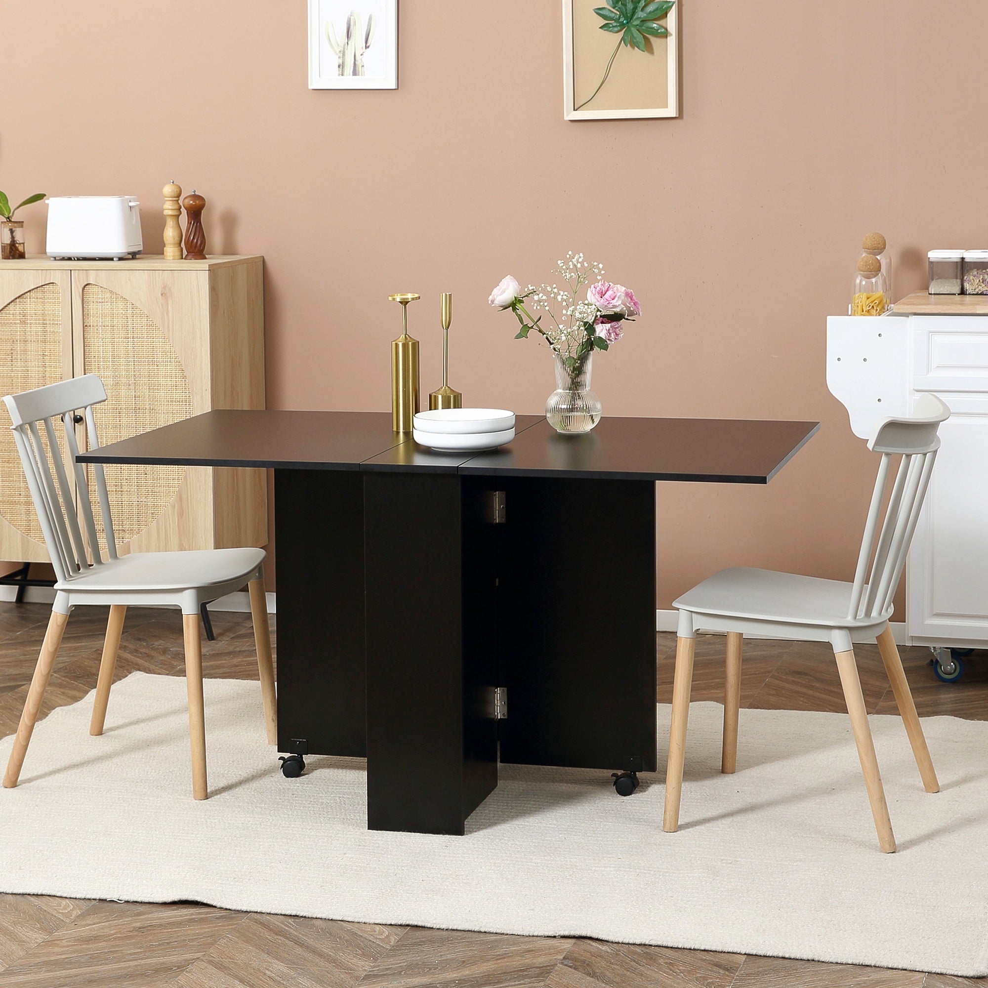 Folding Dining Table Kitchen Table with Wheels, Folding Wings, and Shelves for 4-6 People 75x140x74 cm Black