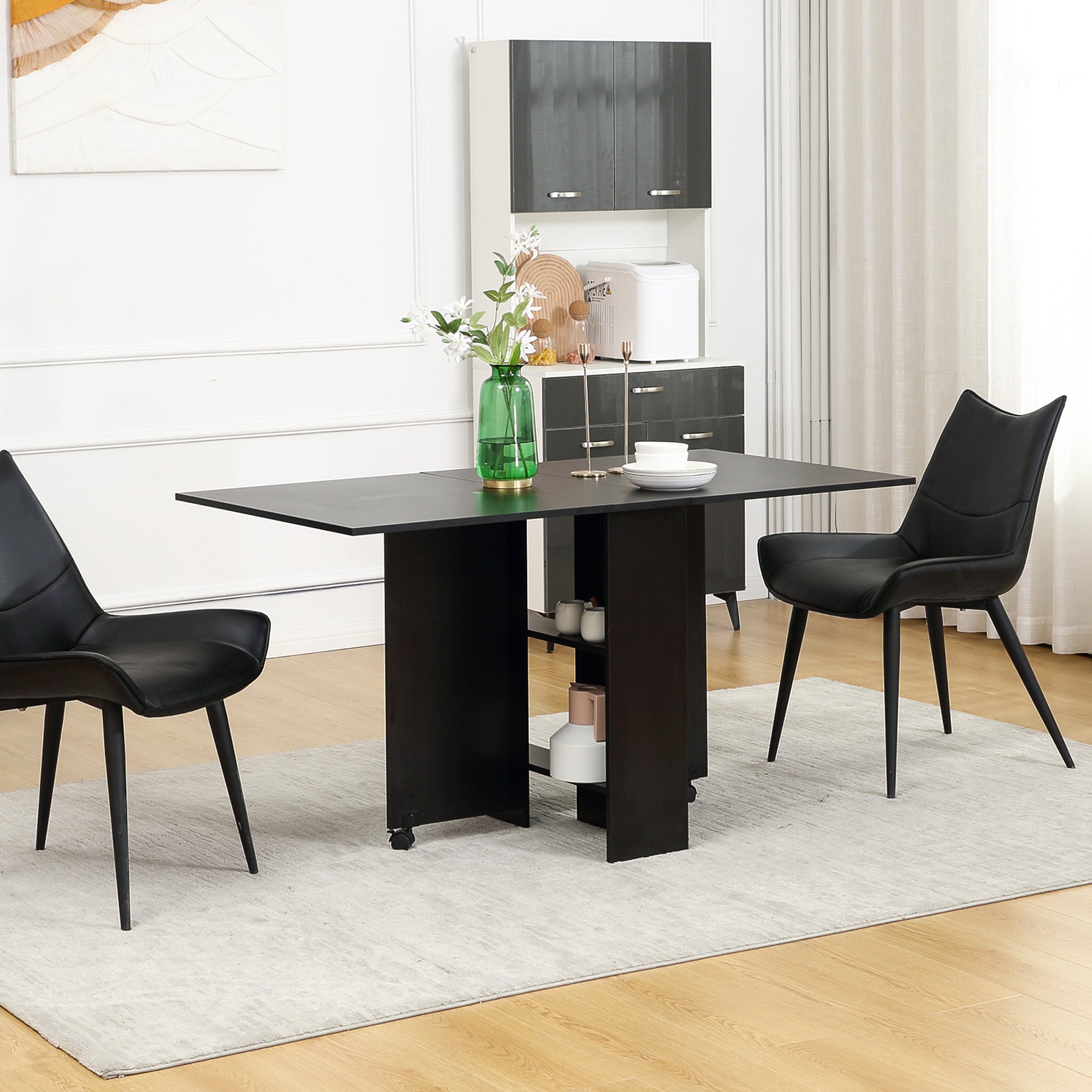 Folding Dining Table Kitchen Table with Wheels, Folding Wings, and Shelves for 4-6 People 75x140x74 cm Black