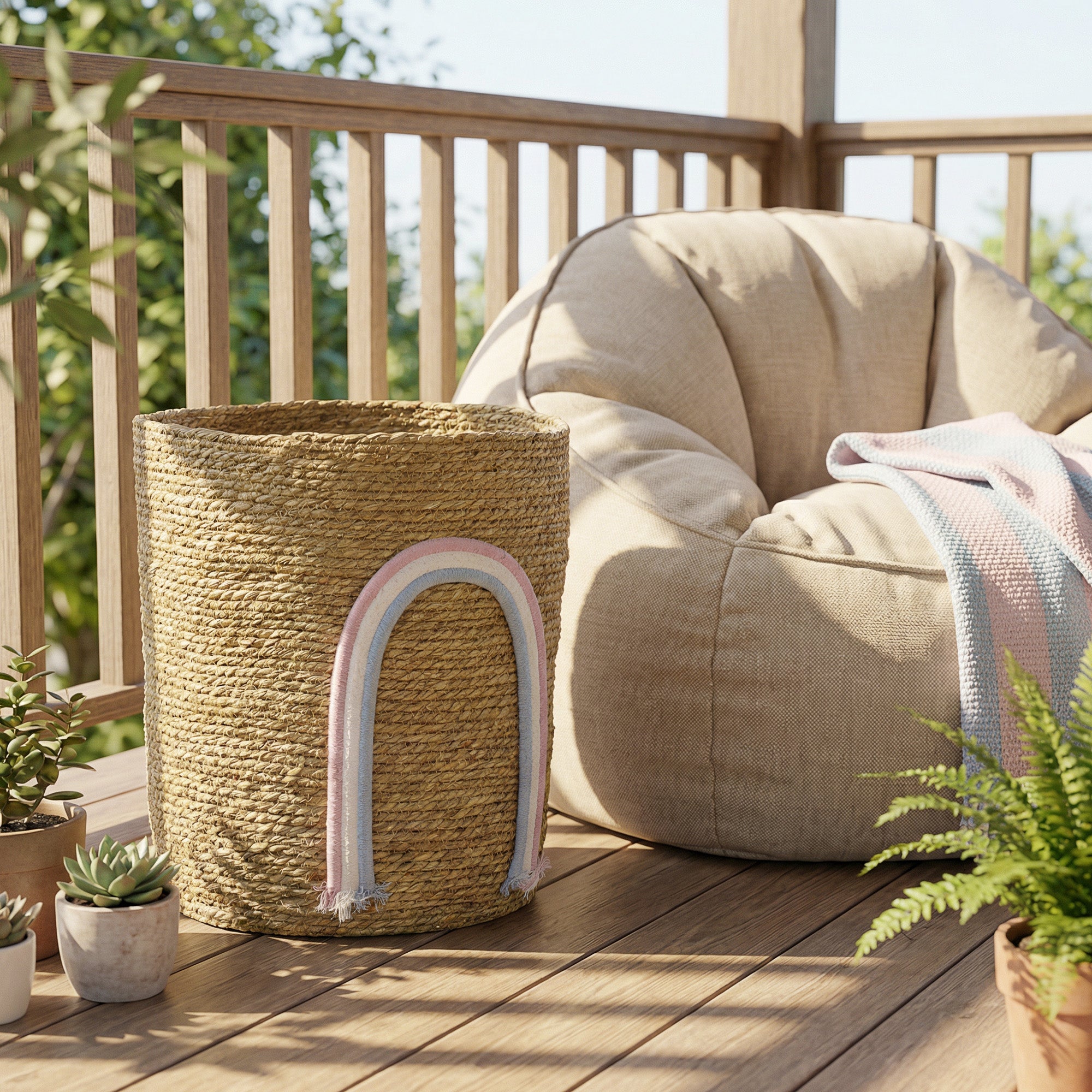 Woven Seagrass Storage Basket with Rainbow Accent — Natural, 12 x 12 x 14 in