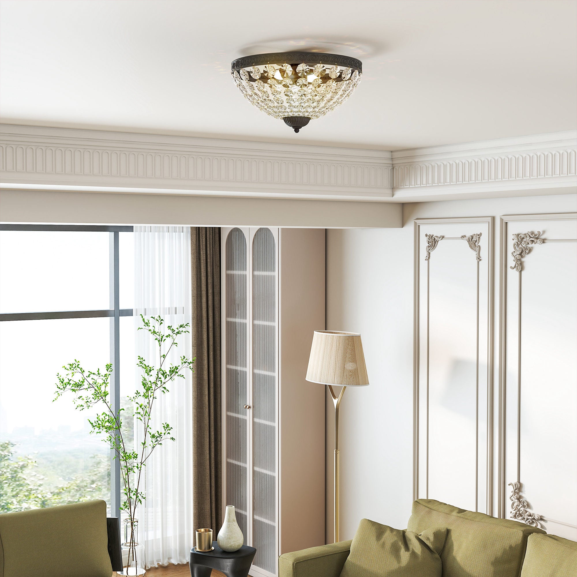 Classic Crystal Ceiling Light with 2 E14 Sockets, 40W, Vintage Flush Mount with 168 Crystal Beads for Bedroom, Living Room, Kitchen and Dining Room, Black