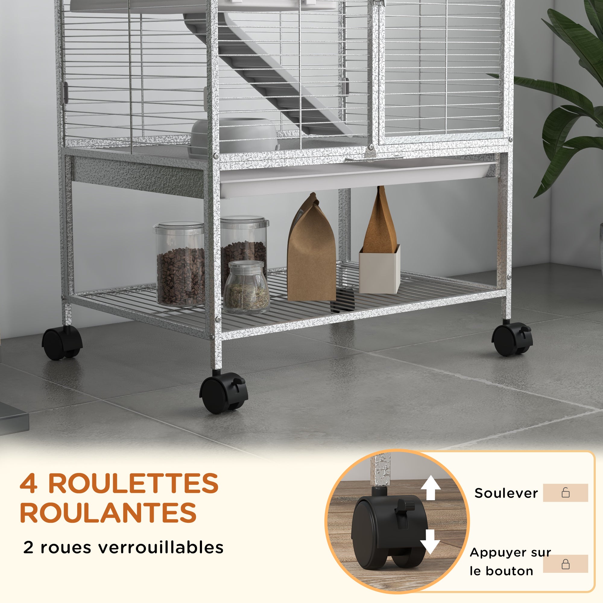 Small Animal Cage on Wheels 2 Levels with 2 Doors, 1 Ramp, 1 Storage Shelf, Bowl, Bottle - 61.5 x 44.5 x 86 cm, Gray