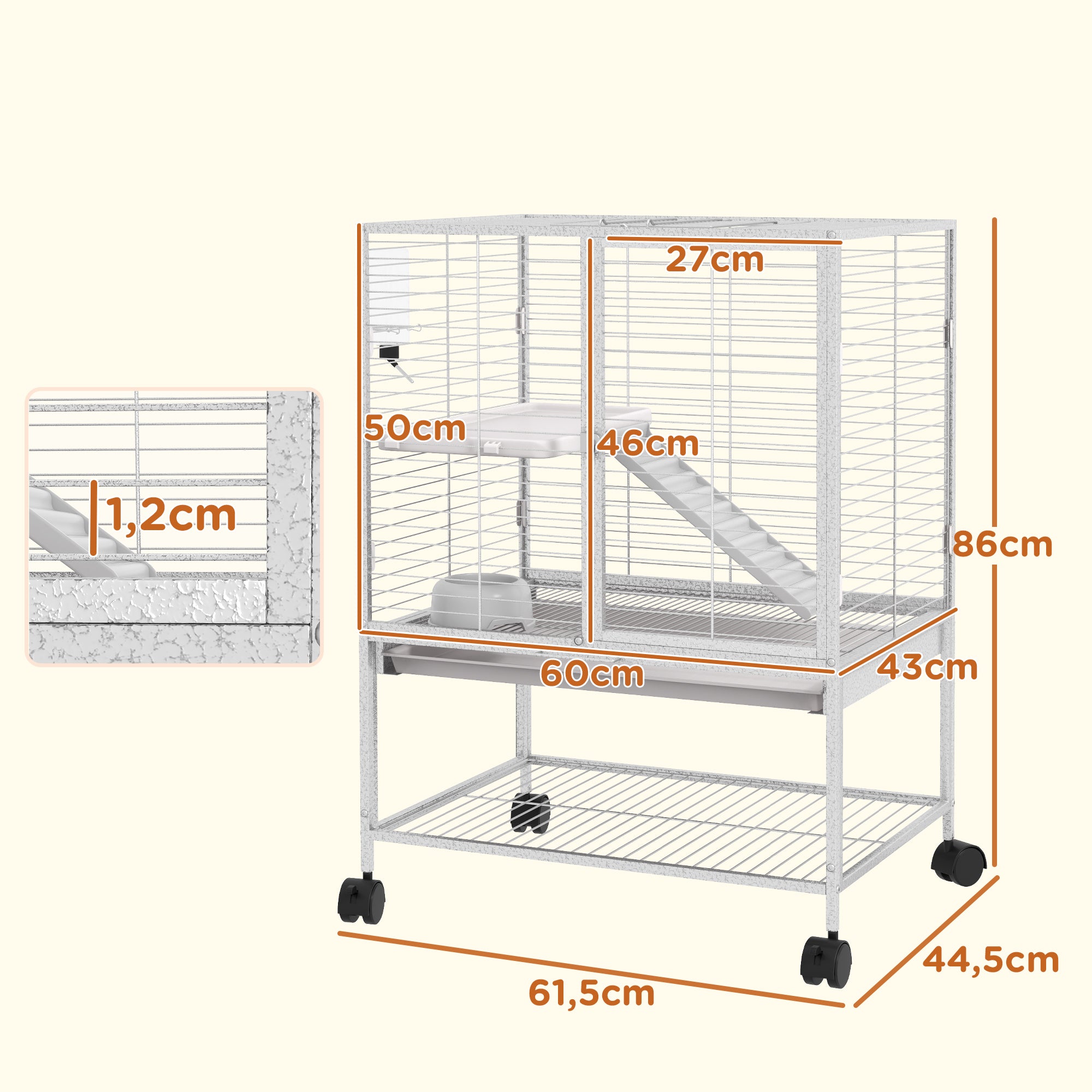 Small Animal Cage on Wheels 2 Levels with 2 Doors, 1 Ramp, 1 Storage Shelf, Bowl, Bottle - 61.5 x 44.5 x 86 cm, Gray