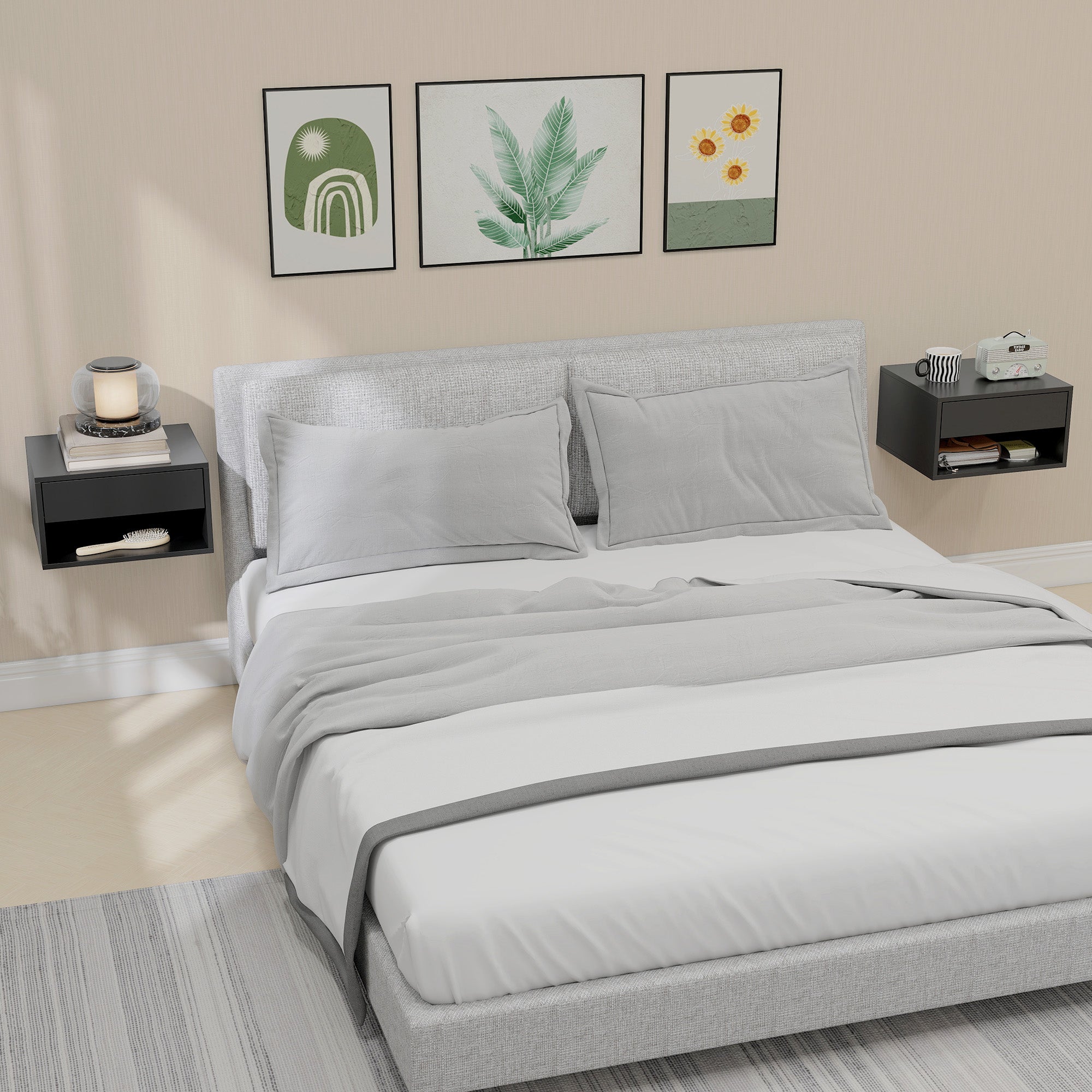 Set of 2 Wall-Mounted Nightstands — Floating Bedside Tables with Sliding Drawer & Open Shelf, Modern Black, 14.6 x 12.6 x 8.3 in