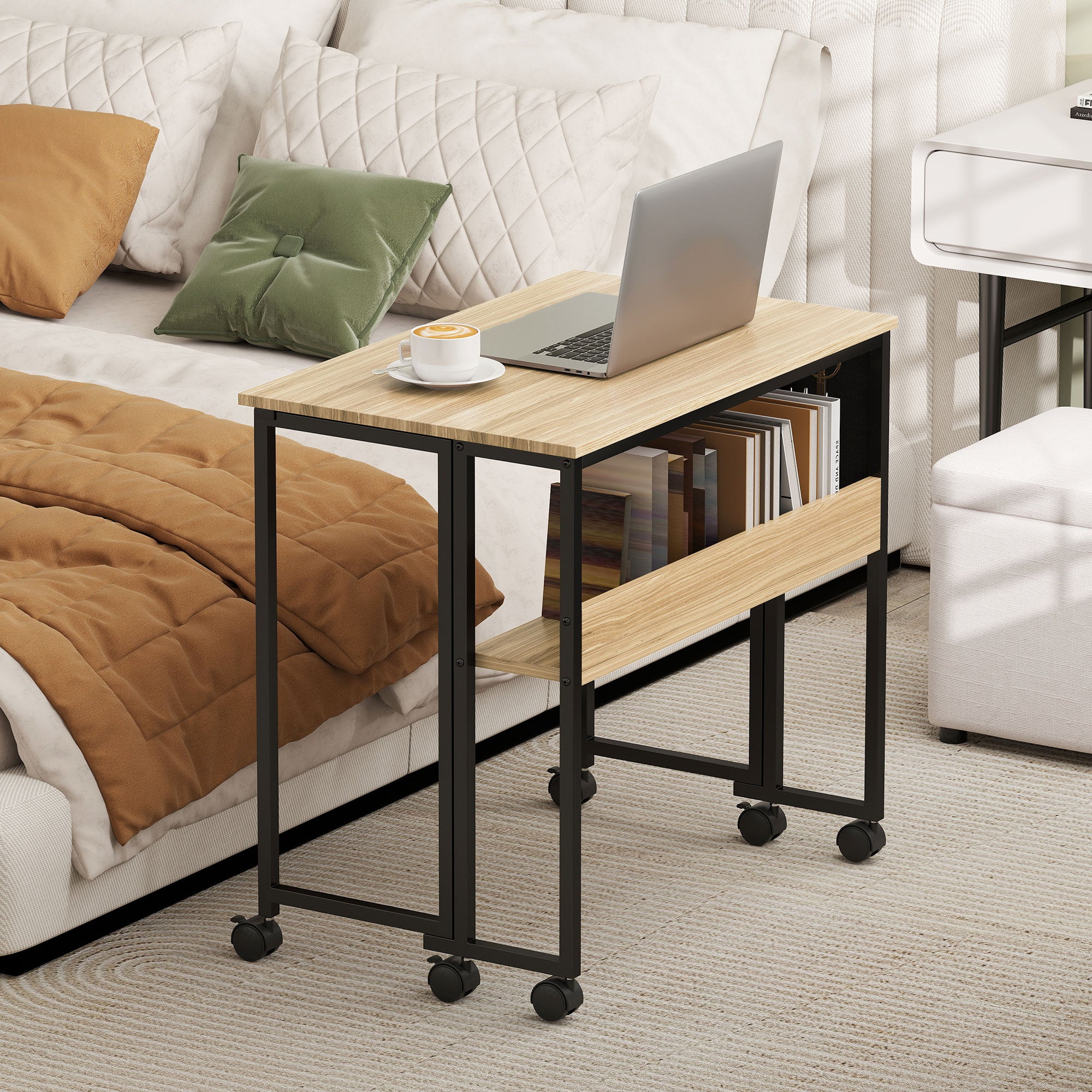 Folding Desk on Wheels, Computer Table 80 x 50 cm with Shelf and Storage Bag, Study Table for Home Office, Bedroom, Small Spaces, Oak