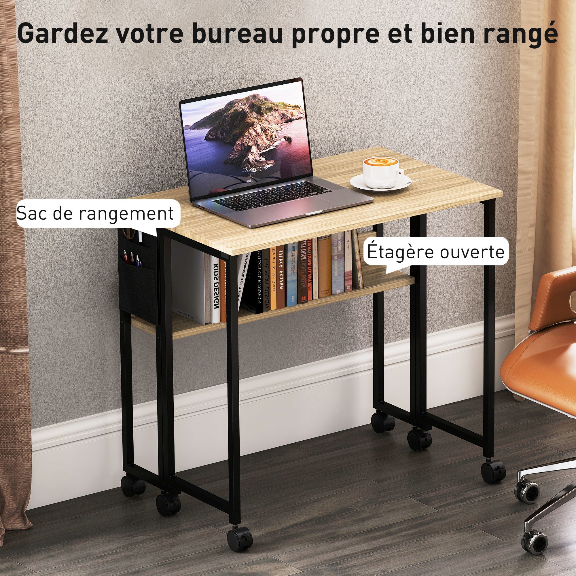 Folding Desk on Wheels, Computer Table 80 x 50 cm with Shelf and Storage Bag, Study Table for Home Office, Bedroom, Small Spaces, Oak