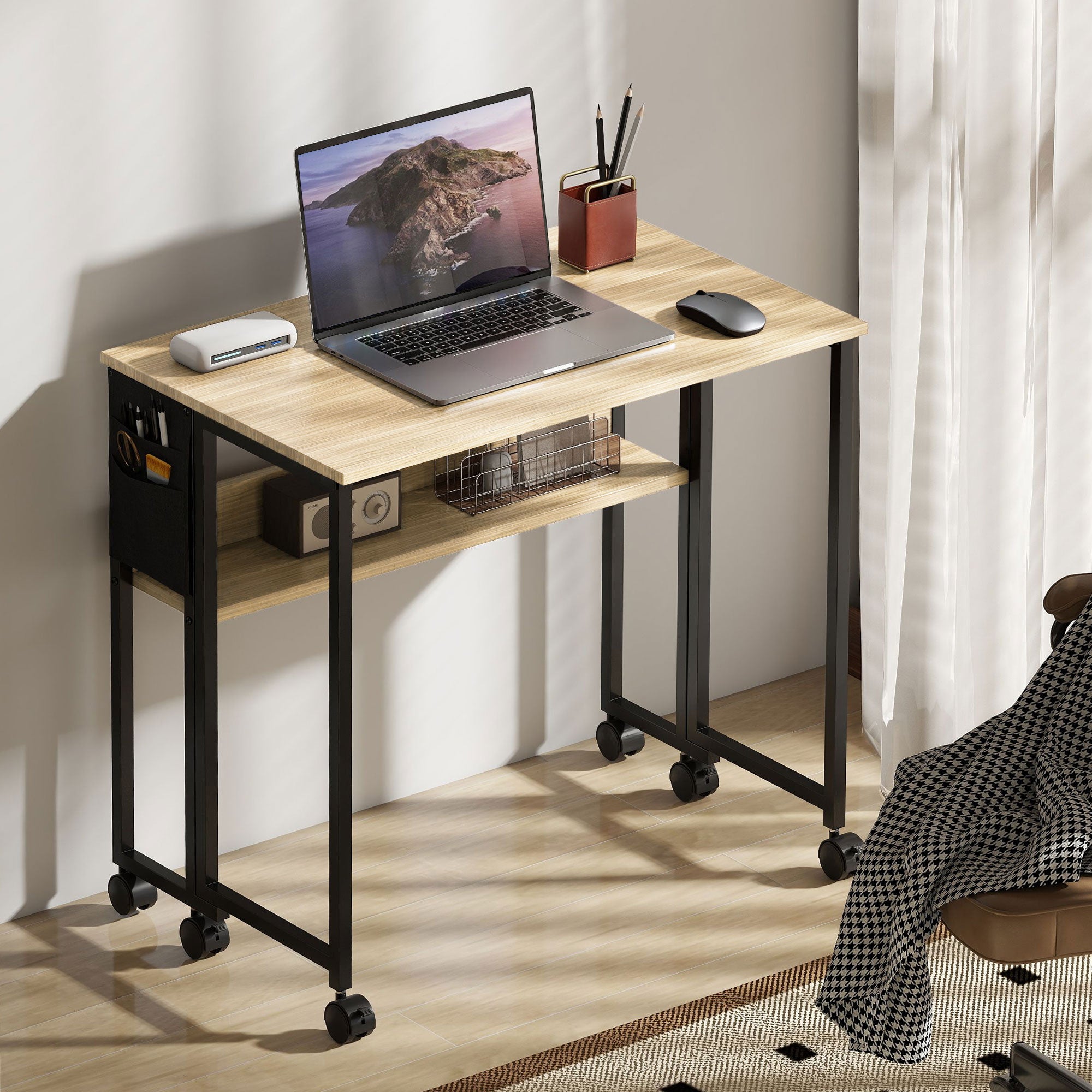 Folding Desk on Wheels, Computer Table 80 x 50 cm with Shelf and Storage Bag, Study Table for Home Office, Bedroom, Small Spaces, Oak