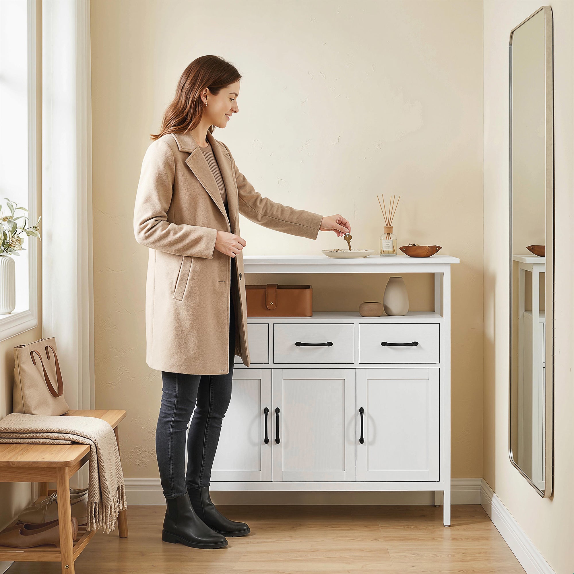 Kitchen Sideboard, Storage Cabinet with 3 Doors, 3 Drawers, Open Compartment & Adjustable Shelves, Modern Style for Living Room & Bedroom, 95 x 35 x 88 cm (37.4 x 13.8 x 34.6 in), White