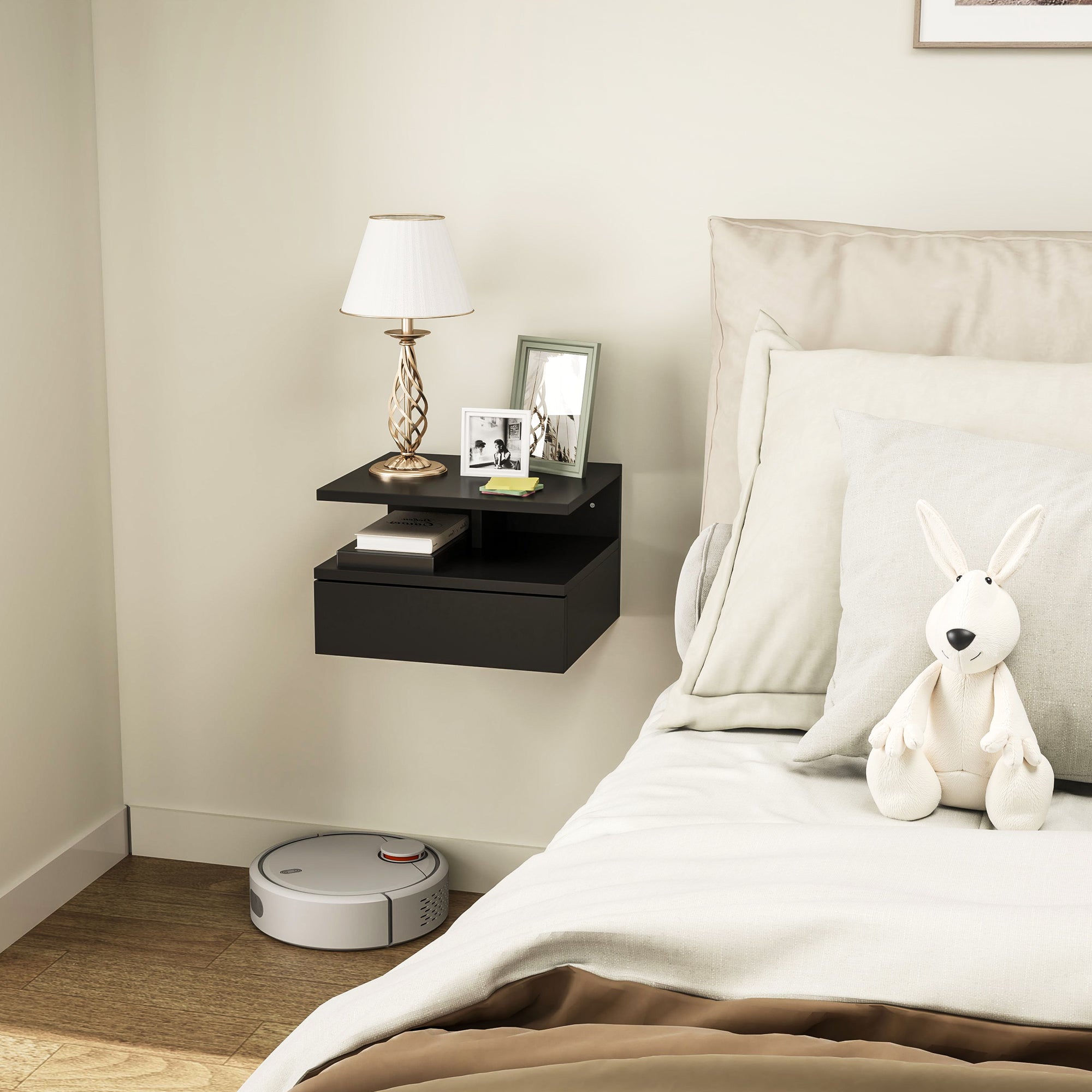 Wall-Mounted Nightstand for Bedroom, Modern Bedroom Nightstand, with Drawer and Upper Shelf in Wood, 35x32x22.5cm, Black