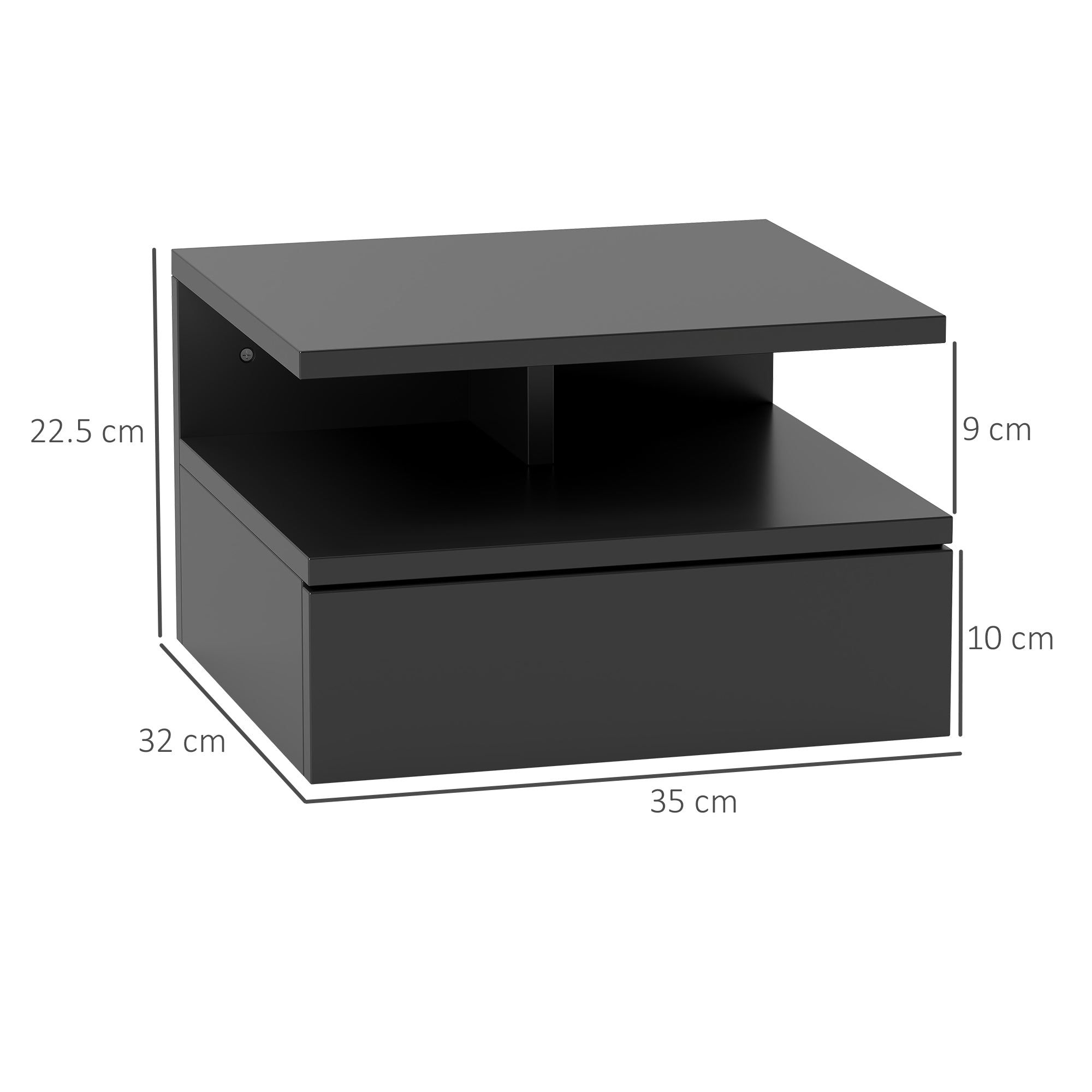 Wall-Mounted Nightstand for Bedroom, Modern Bedroom Nightstand, with Drawer and Upper Shelf in Wood, 35x32x22.5cm, Black