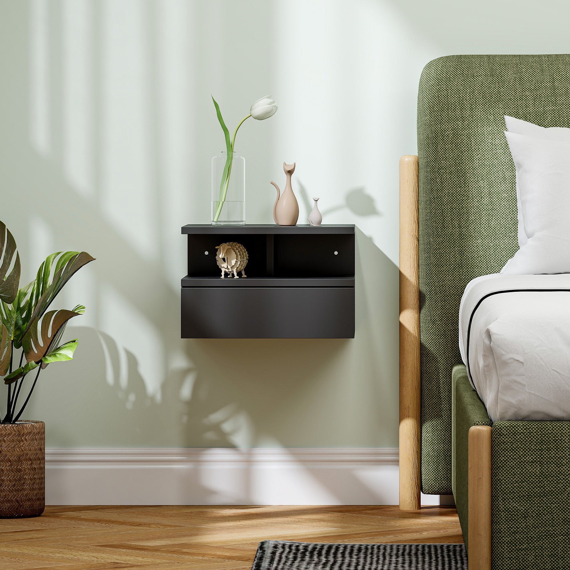 Wall-Mounted Nightstand for Bedroom, Modern Bedroom Nightstand, with Drawer and Upper Shelf in Wood, 35x32x22.5cm, Black
