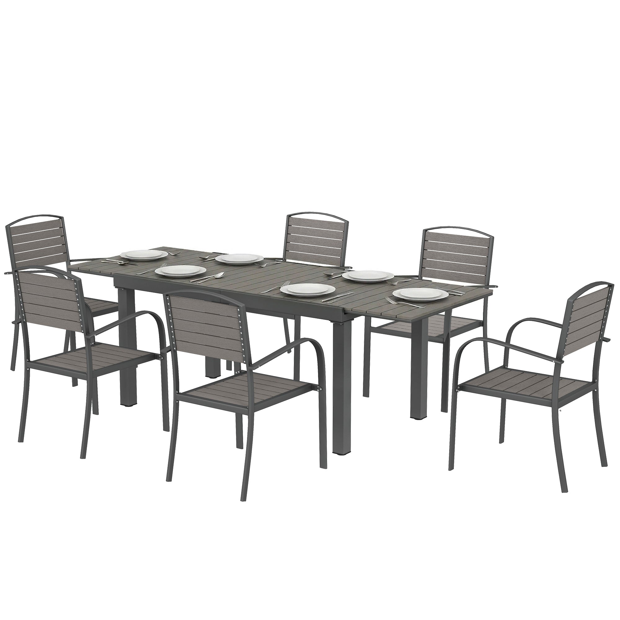 7-Piece Extendable Outdoor Dining Set with 6 Chairs, Wood-Look Slatted Design, Aluminum Frame, Weatherproof, Gray