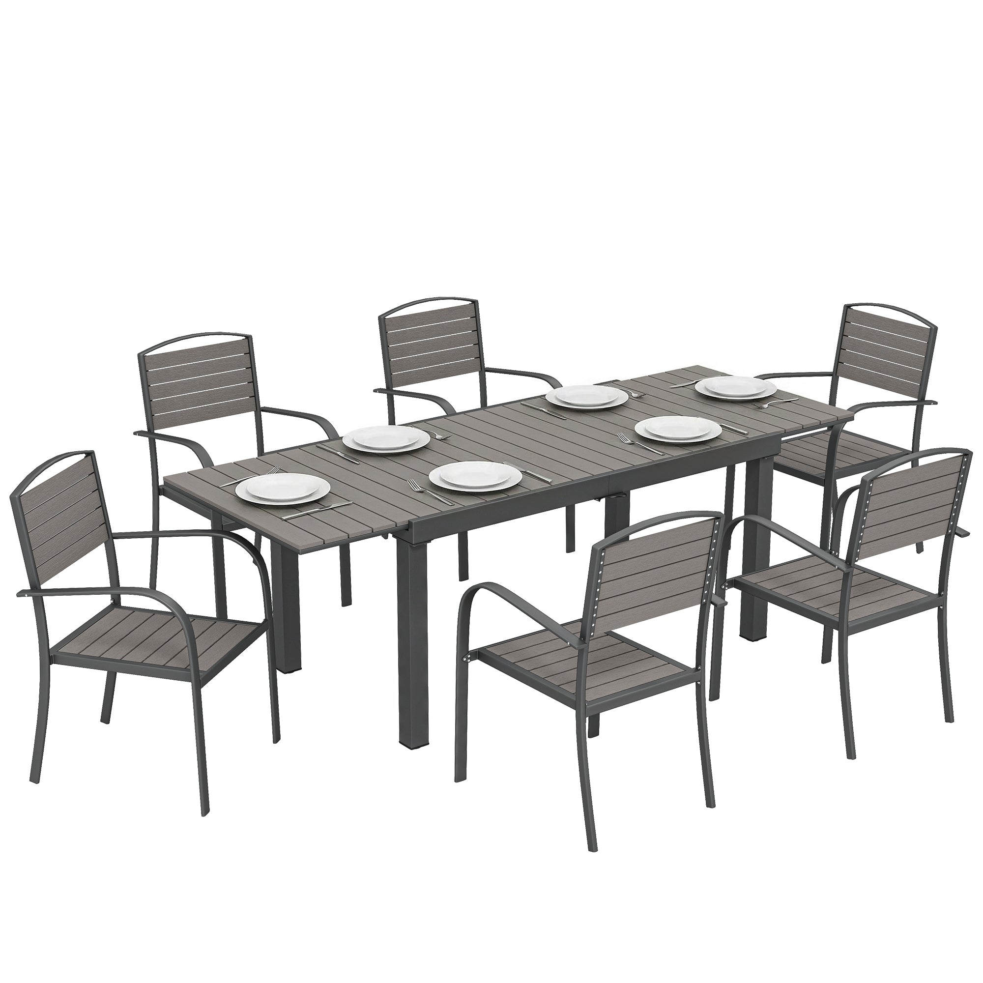 7-Piece Extendable Outdoor Dining Set with 6 Chairs, Wood-Look Slatted Design, Aluminum Frame, Weatherproof, Gray