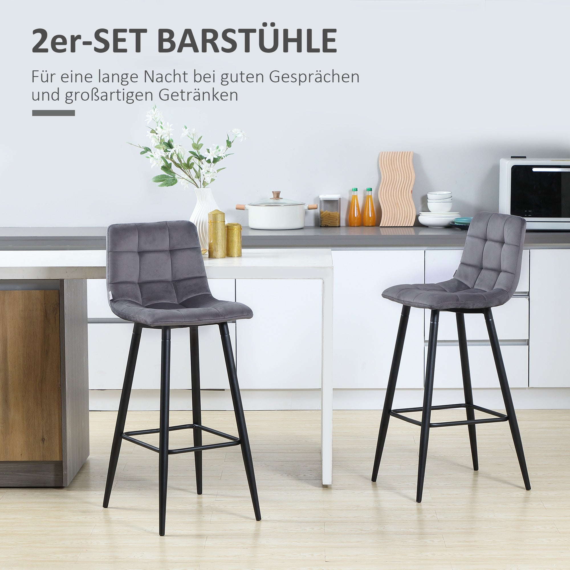 Set of 2 Bar Stools, Bistro Stools with Footrest, Bar Chairs, Velvet Cover, Kitchen Stool, Counter Stool Set with Steel Legs for Living Room, Dining Room, Gray, 42 x 47 x 105 cm
