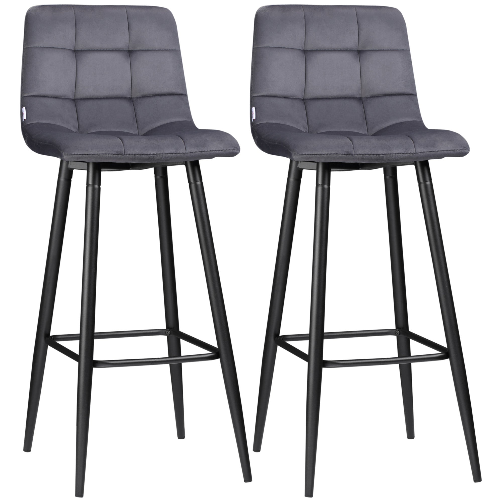 Set of 2 Bar Stools, Bistro Stools with Footrest, Bar Chairs, Velvet Cover, Kitchen Stool, Counter Stool Set with Steel Legs for Living Room, Dining Room, Gray, 42 x 47 x 105 cm