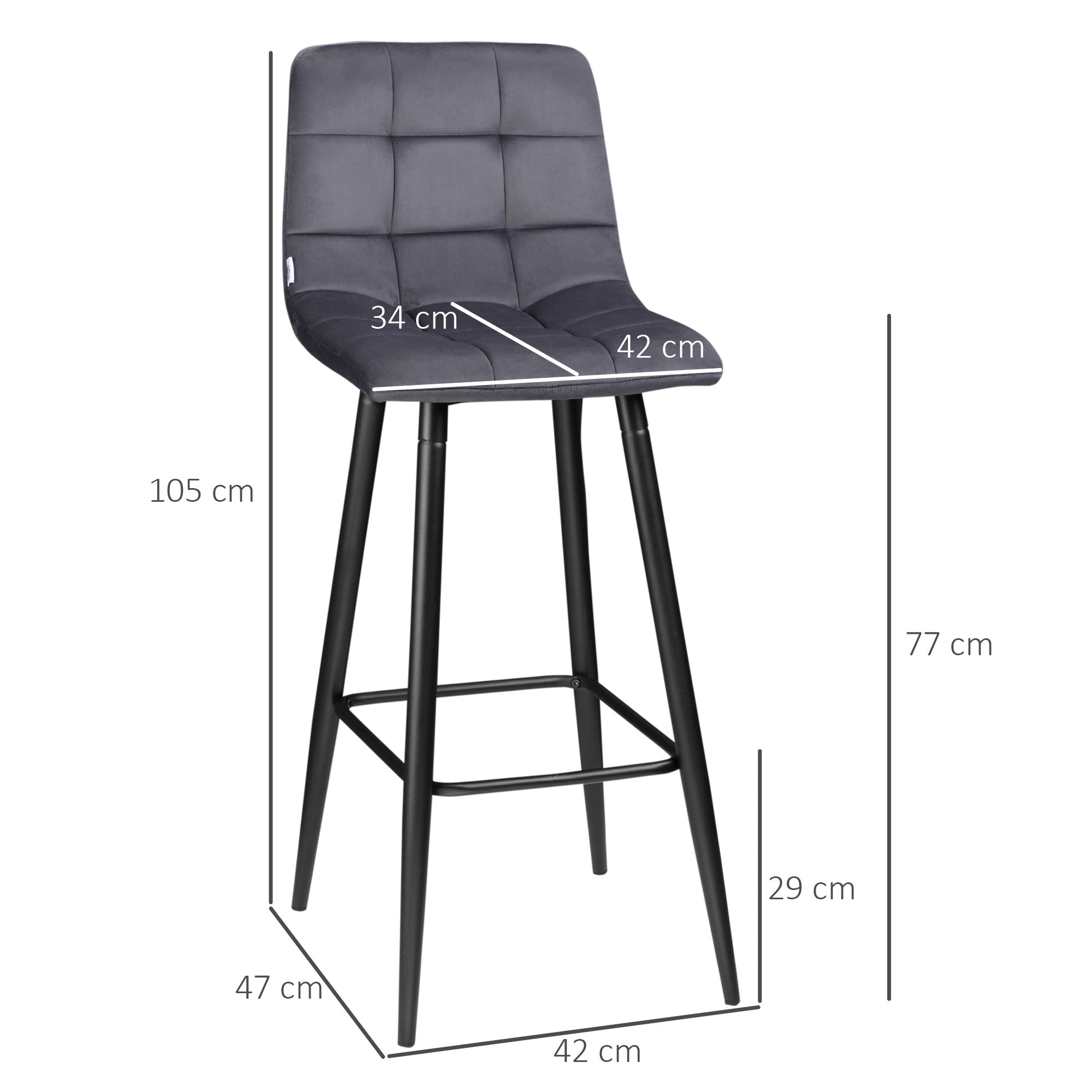 Set of 2 Bar Stools, Bistro Stools with Footrest, Bar Chairs, Velvet Cover, Kitchen Stool, Counter Stool Set with Steel Legs for Living Room, Dining Room, Gray, 42 x 47 x 105 cm