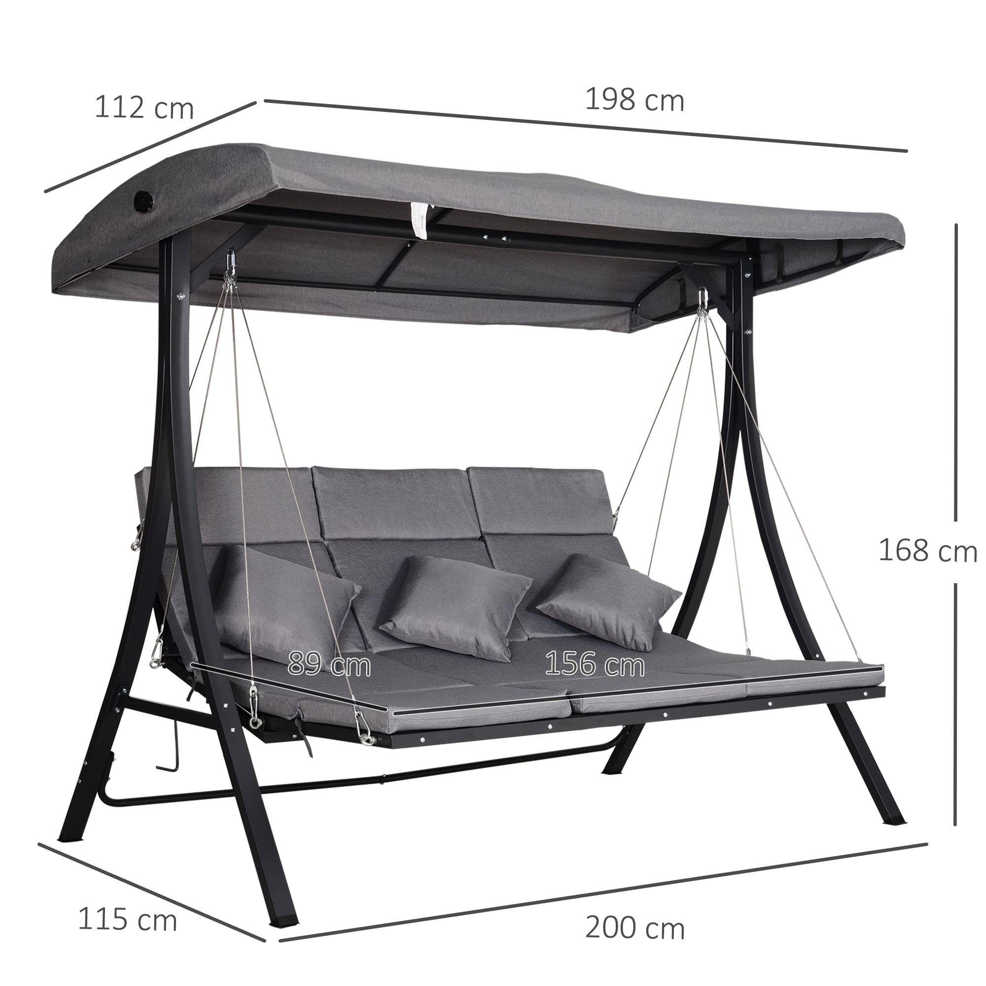 3-Seater Hollywood Swing, Swing Bench with Adjustable Sun Canopy, Swing with Cushions, up to 270 kg Load Capacity, Metal, Texteline, Gray, 200 x 115 x 168 cm