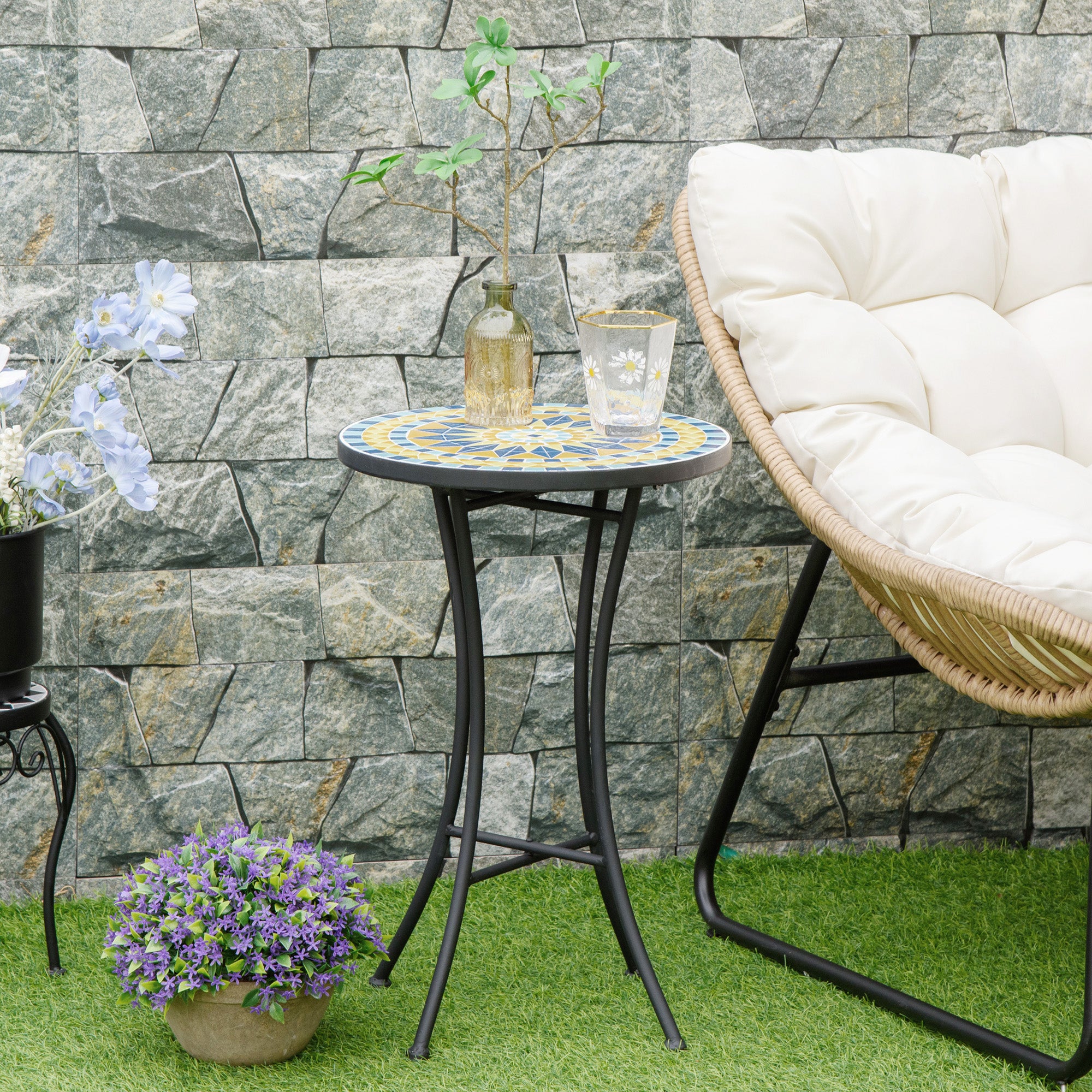 Garden Side Table with Ceramic Mosaic Tabletop, 35.5x53.5cm, Multicolor