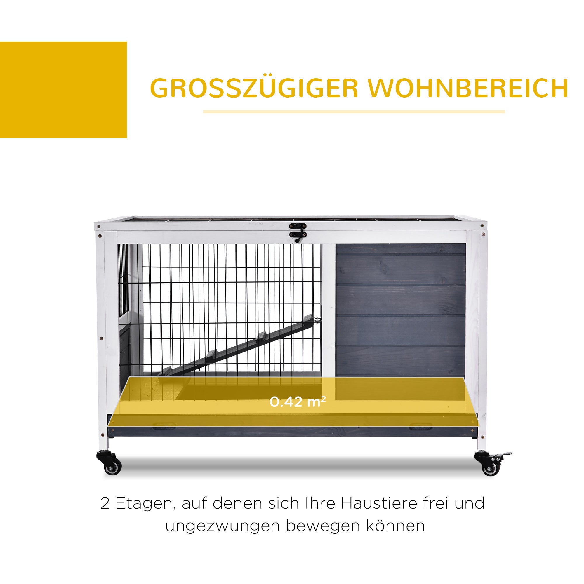 Small Animal Hutch with Wheels Small Animal Cage Guinea Pig Hutch Guinea Pig Cage Small Animal House Pine Wood Dark Grey+White 90 x 53 x 59 cm