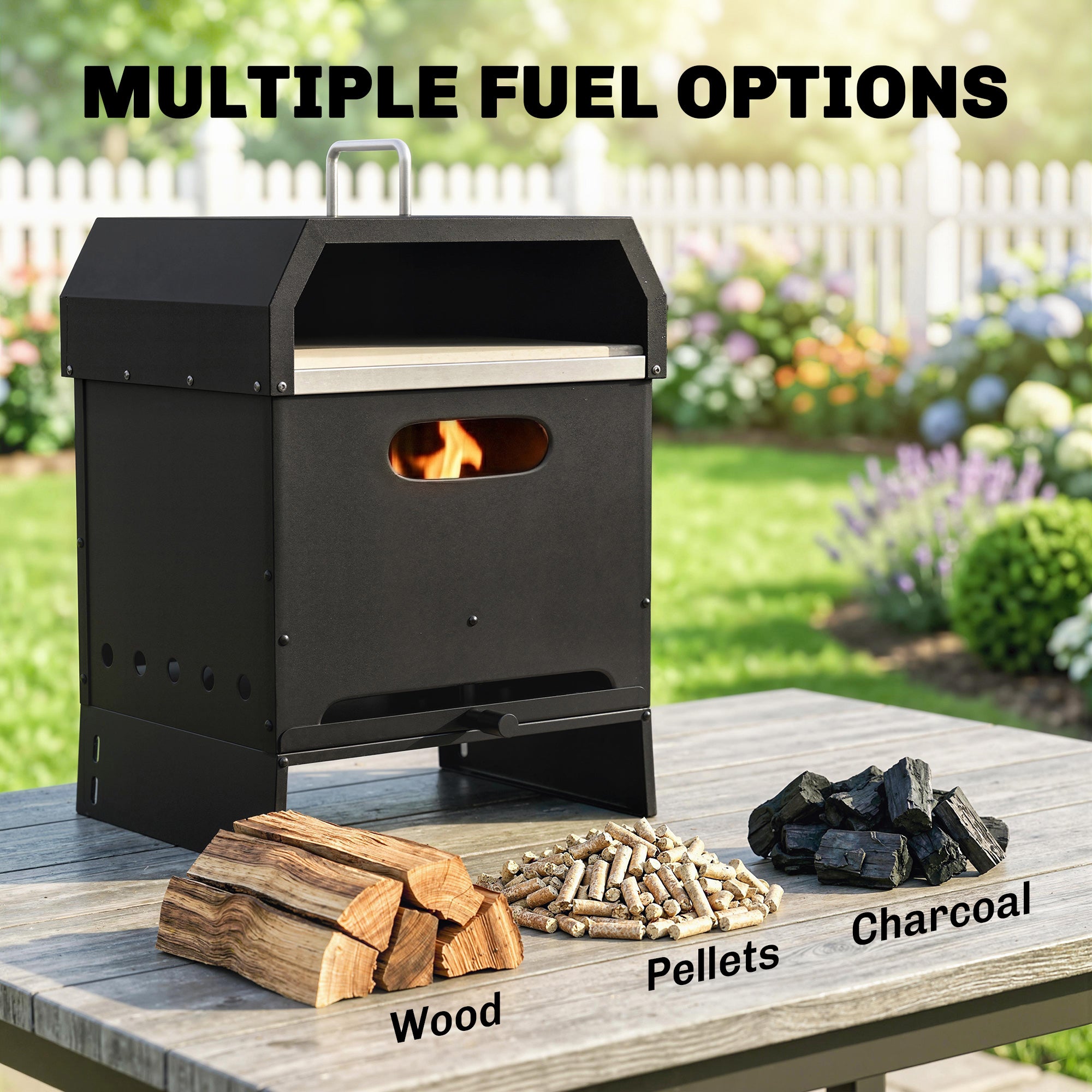 3-in-1 Outdoor Wood-Fired Pizza Oven, Stainless Steel 2-Tier Oven with Pizza Stone, Handles & Peel — Portable Patio Pizza Oven for Garden Parties