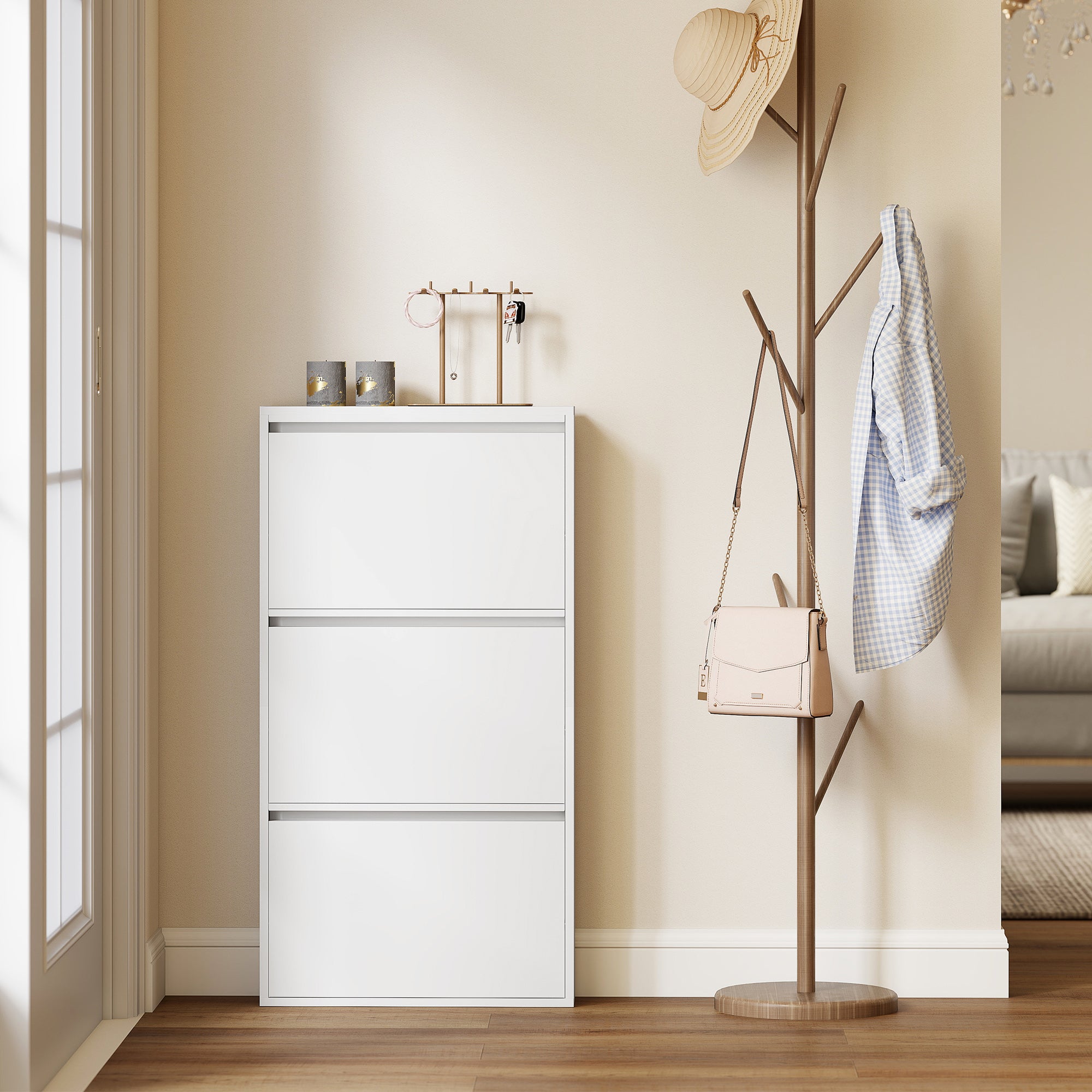 Metal Shoe Cabinet with 3 Flip Drawers — Slim Wall-Mounted Shoe Rack for 6 Pairs, 55 x 15 x 105.5 cm (21.7" x 5.9" x 41.5"), White