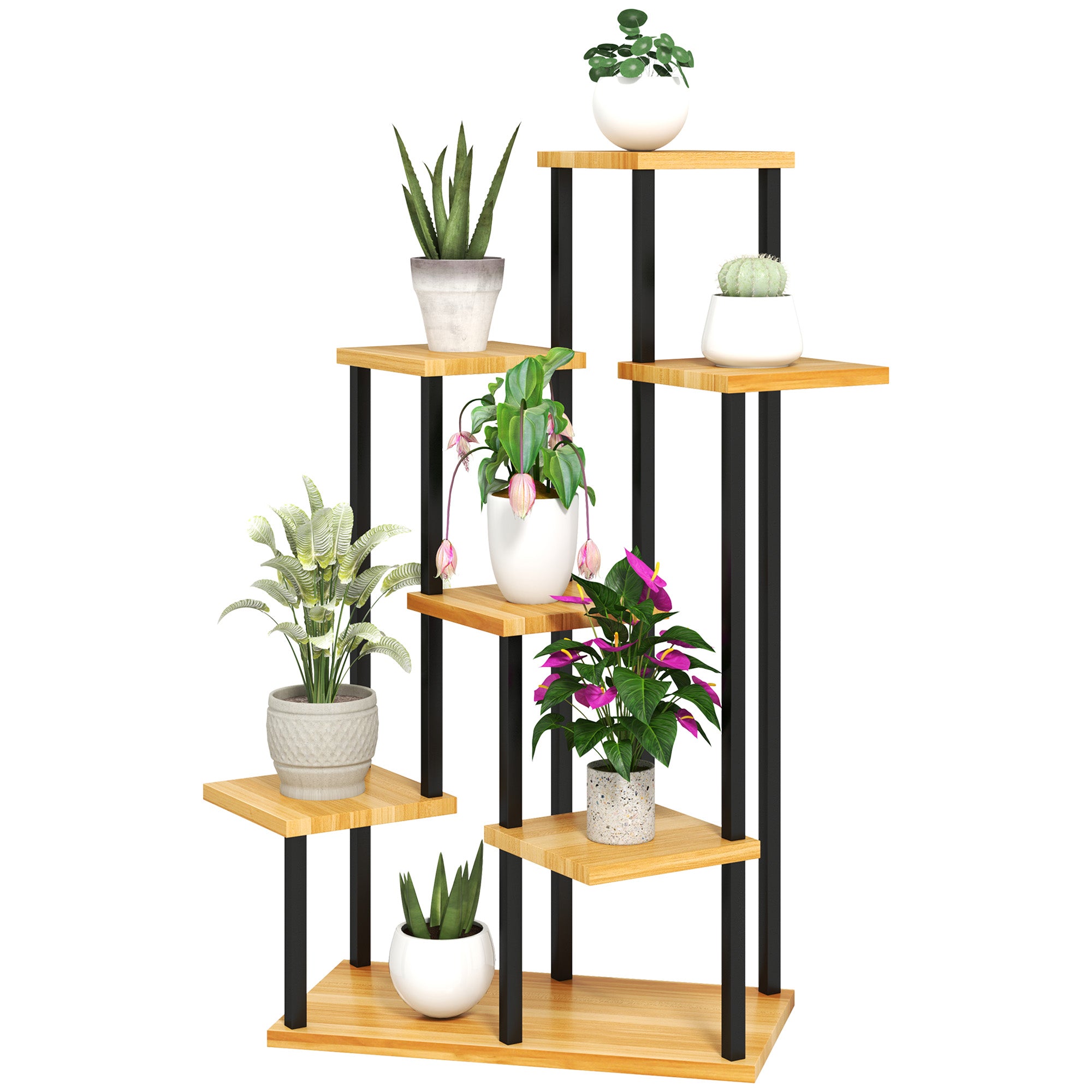 7-Tier Plant Stand for Indoor and Outdoor, Steel and Wood Plant Shelf, Plant Holder for Garden, Terrace, Balcony, Living Room, Natural Wood