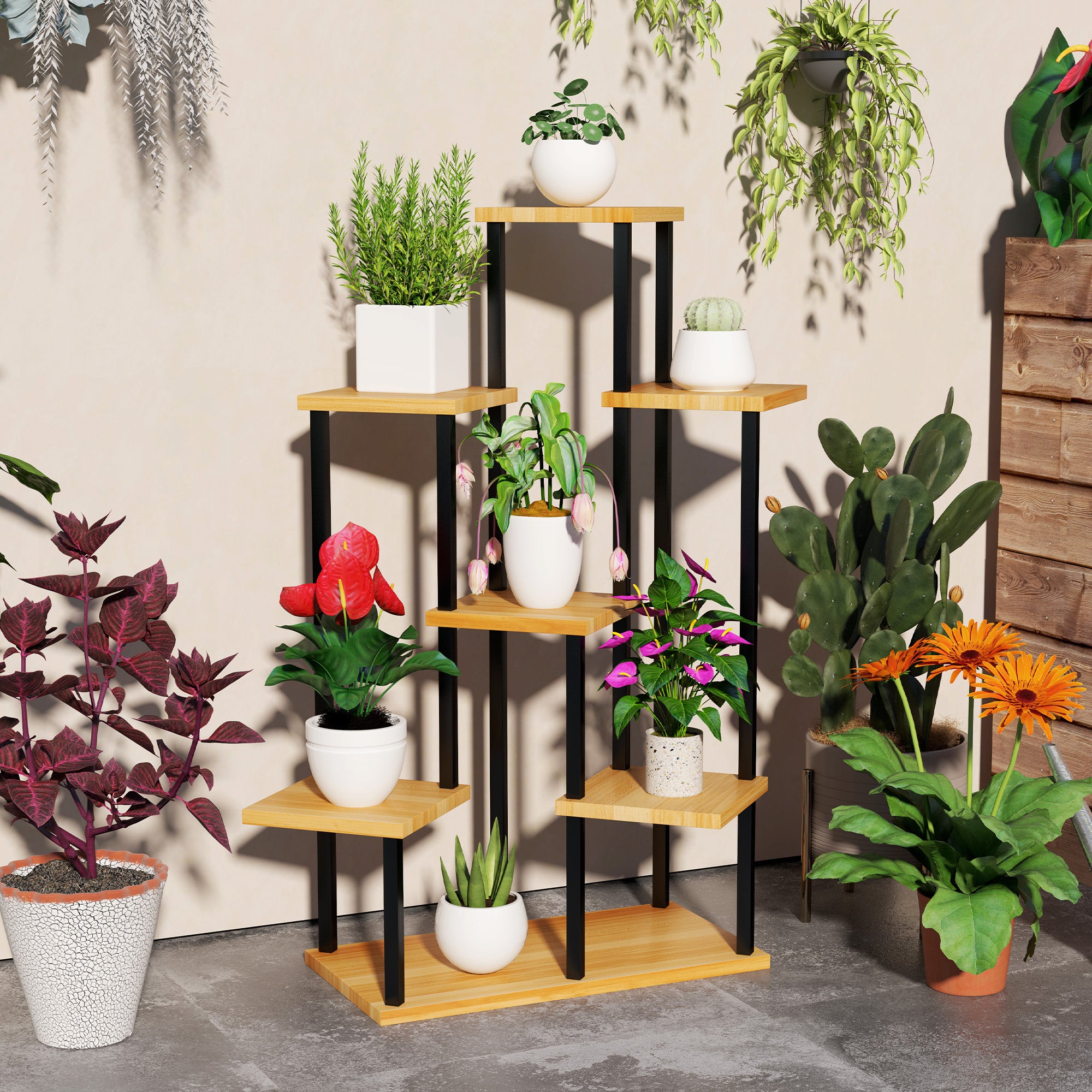 7-Tier Plant Stand for Indoor and Outdoor, Steel and Wood Plant Shelf, Plant Holder for Garden, Terrace, Balcony, Living Room, Natural Wood