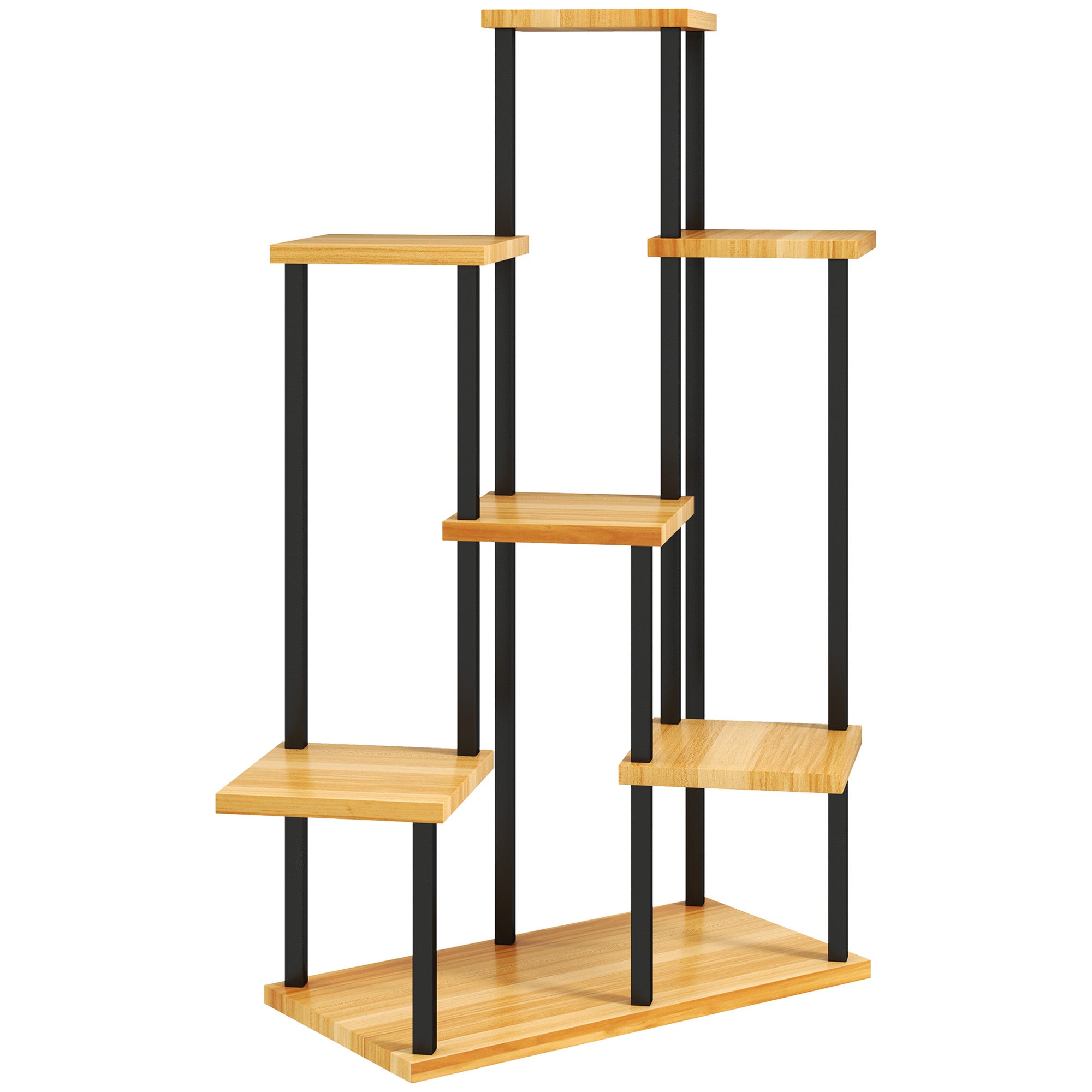 7-Tier Plant Stand for Indoor and Outdoor, Steel and Wood Plant Shelf, Plant Holder for Garden, Terrace, Balcony, Living Room, Natural Wood