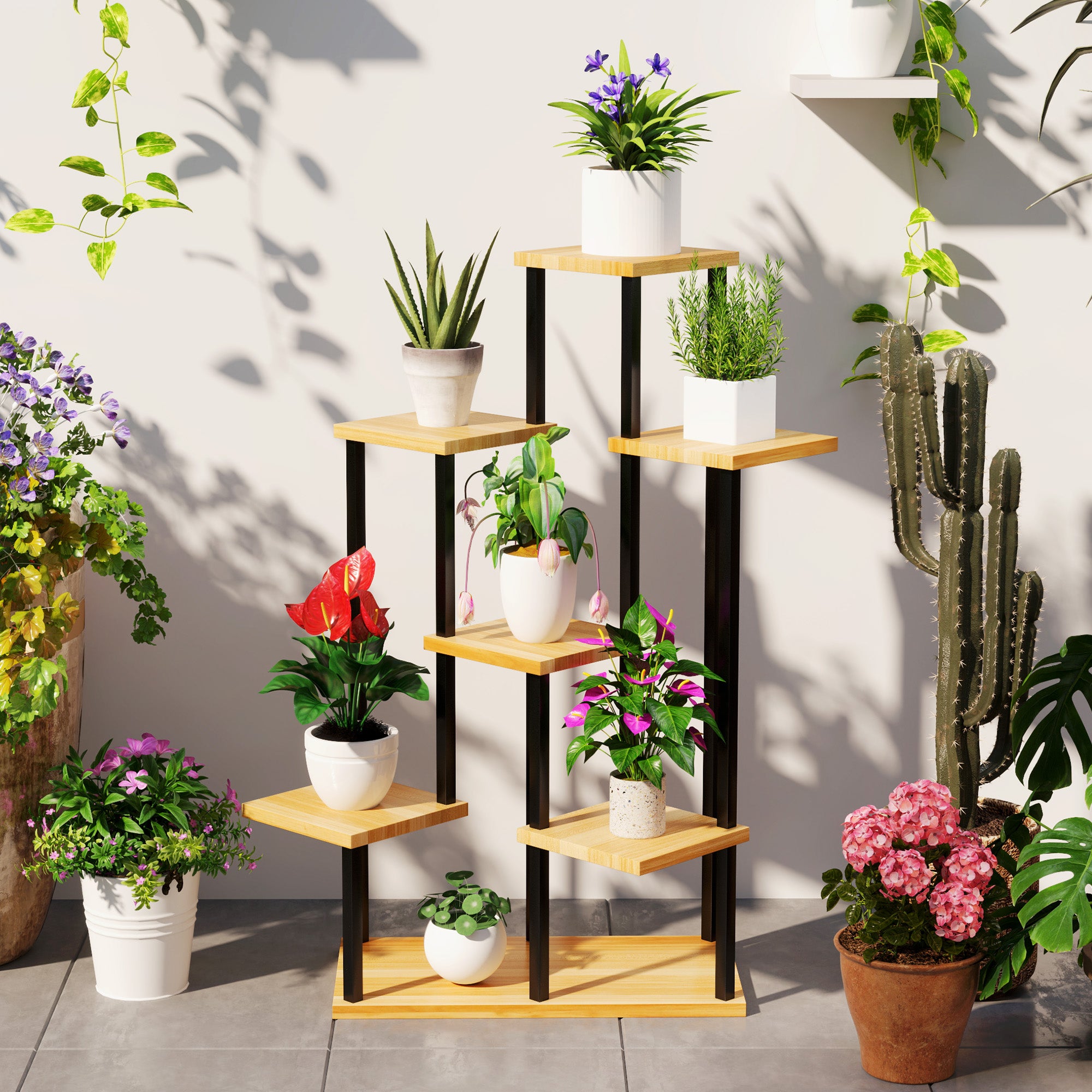7-Tier Plant Stand for Indoor and Outdoor, Steel and Wood Plant Shelf, Plant Holder for Garden, Terrace, Balcony, Living Room, Natural Wood