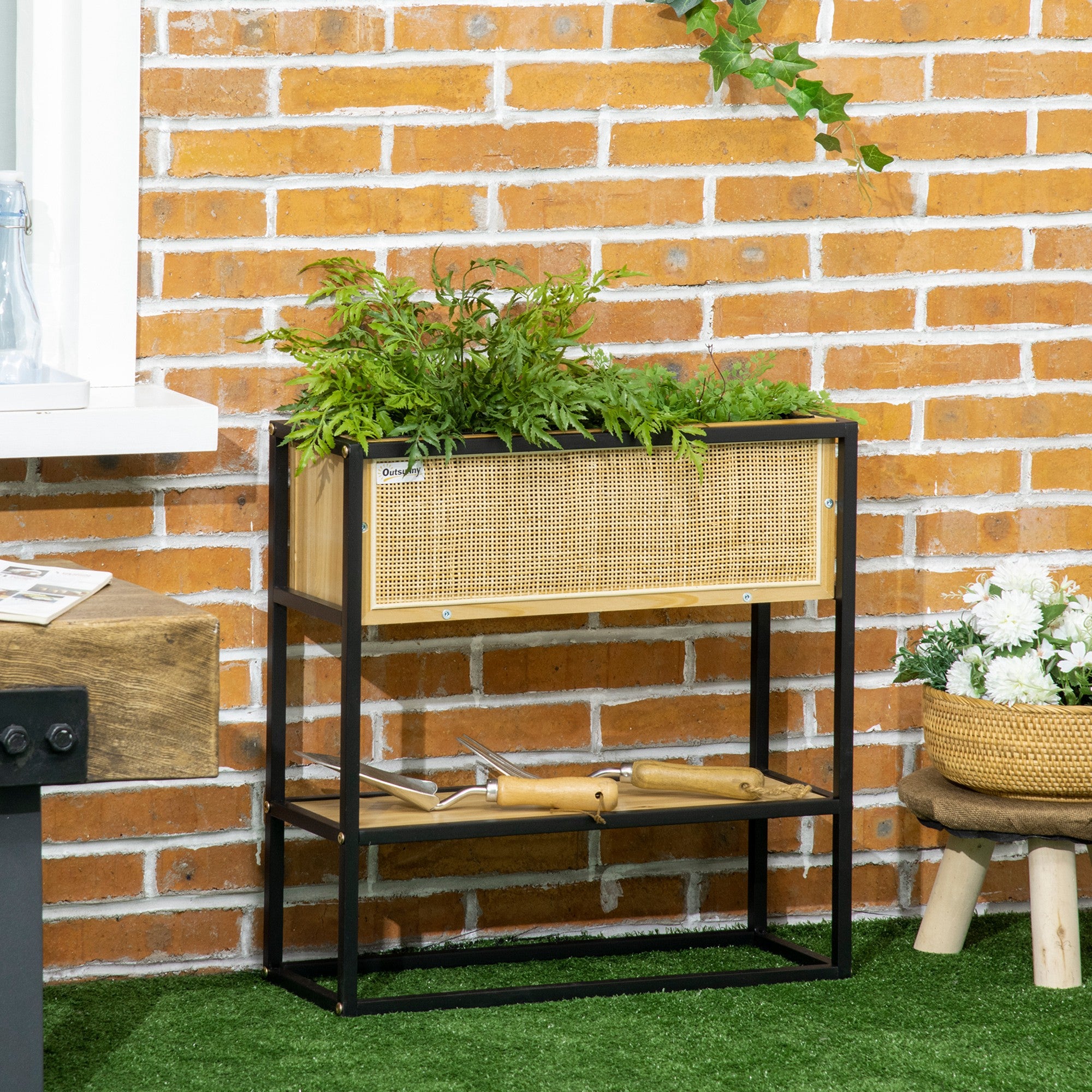 Rectangular Raised Planter with Lower Shelf Outdoor Square Vegetable Garden - Metal and Wood - 55 x 20 x 56 cm