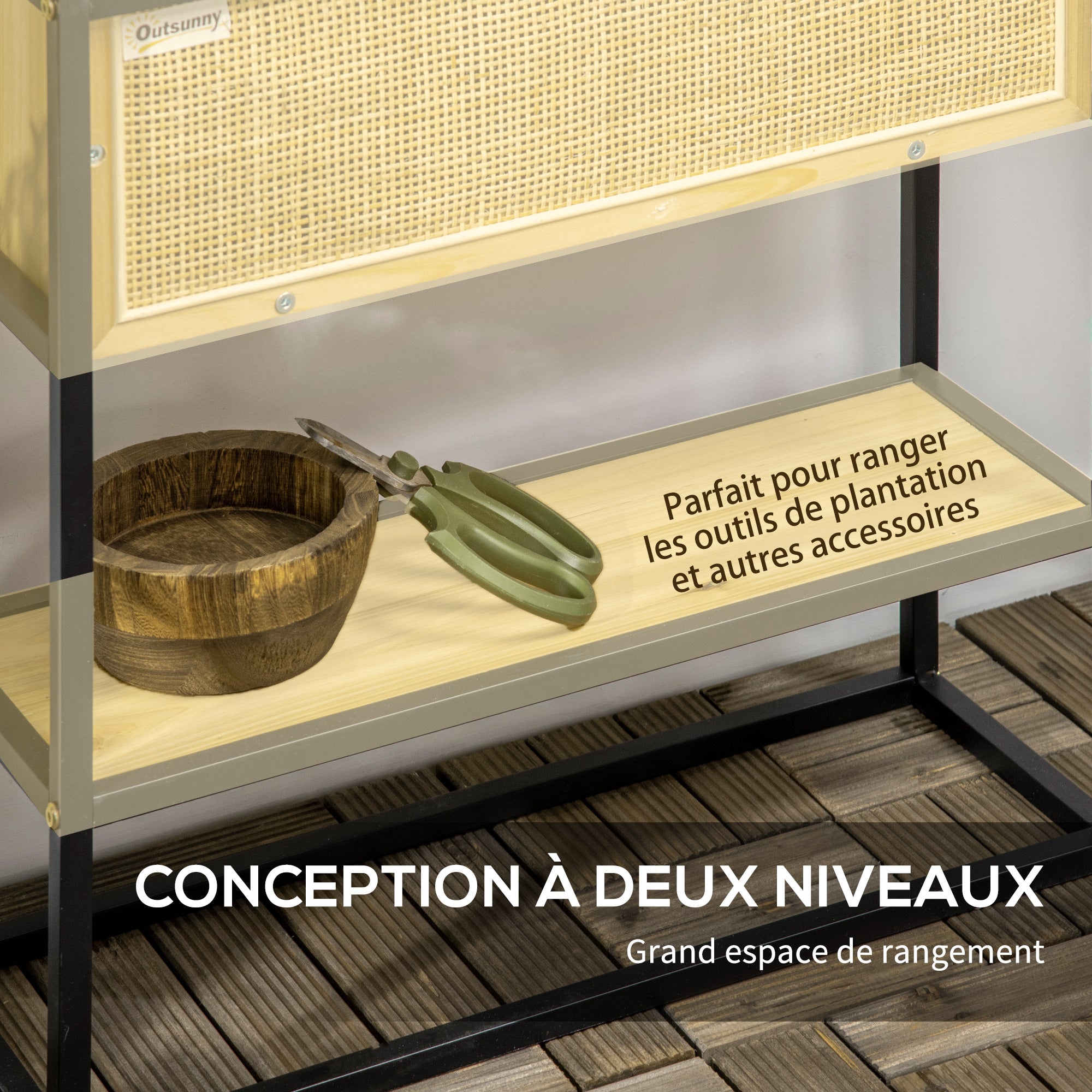 Rectangular Raised Planter with Lower Shelf Outdoor Square Vegetable Garden - Metal and Wood - 55 x 20 x 56 cm