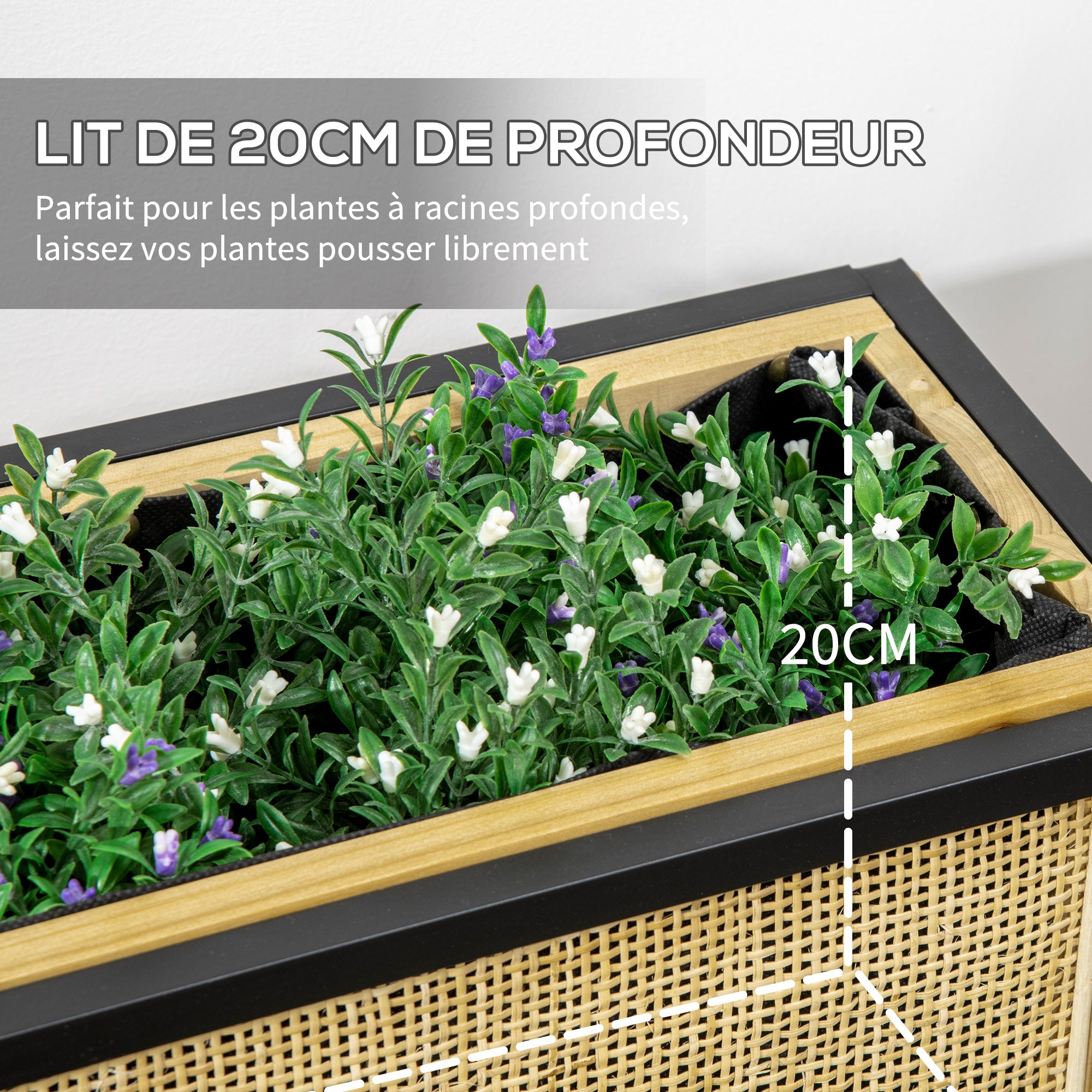Rectangular Raised Planter with Lower Shelf Outdoor Square Vegetable Garden - Metal and Wood - 55 x 20 x 56 cm