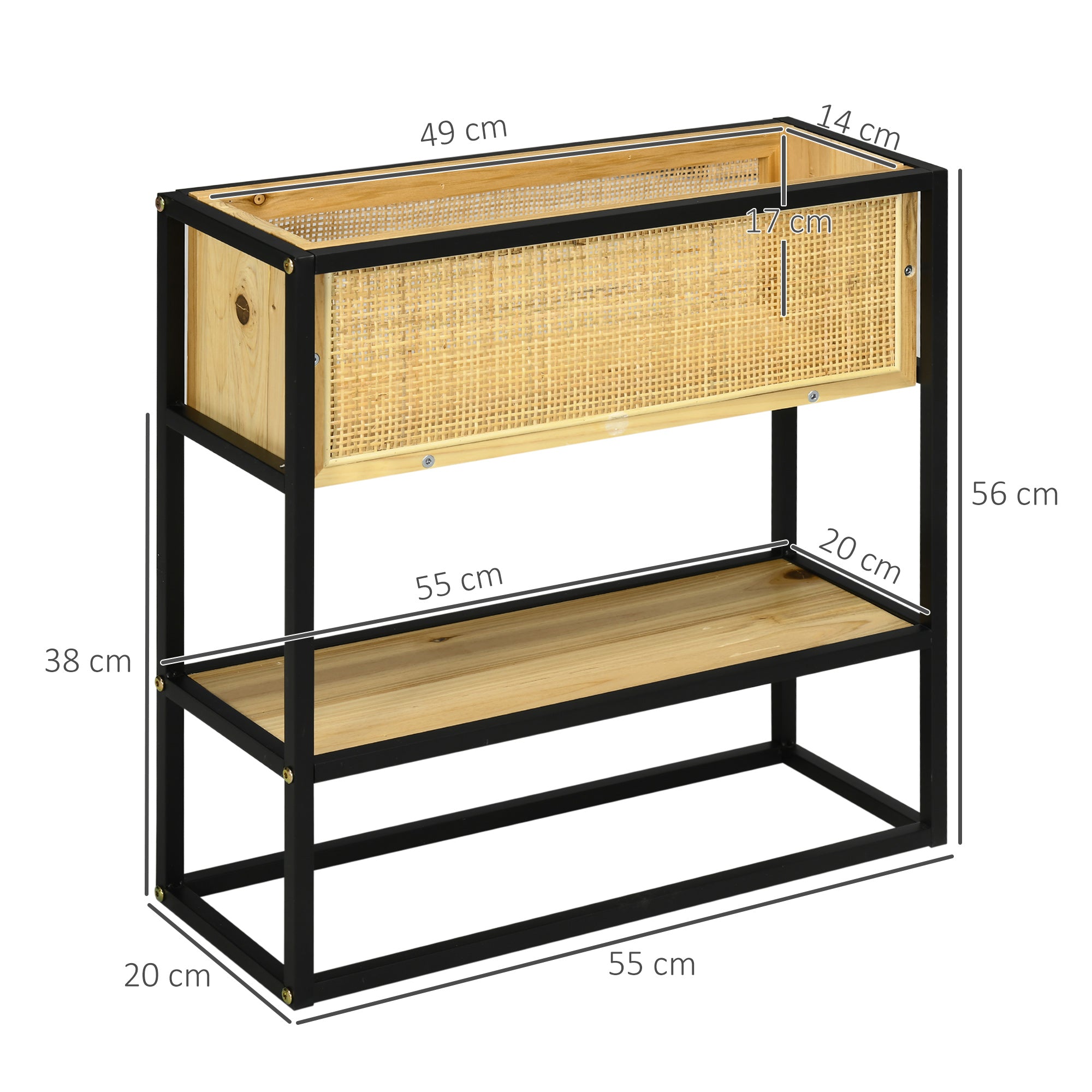 Rectangular Raised Planter with Lower Shelf Outdoor Square Vegetable Garden - Metal and Wood - 55 x 20 x 56 cm