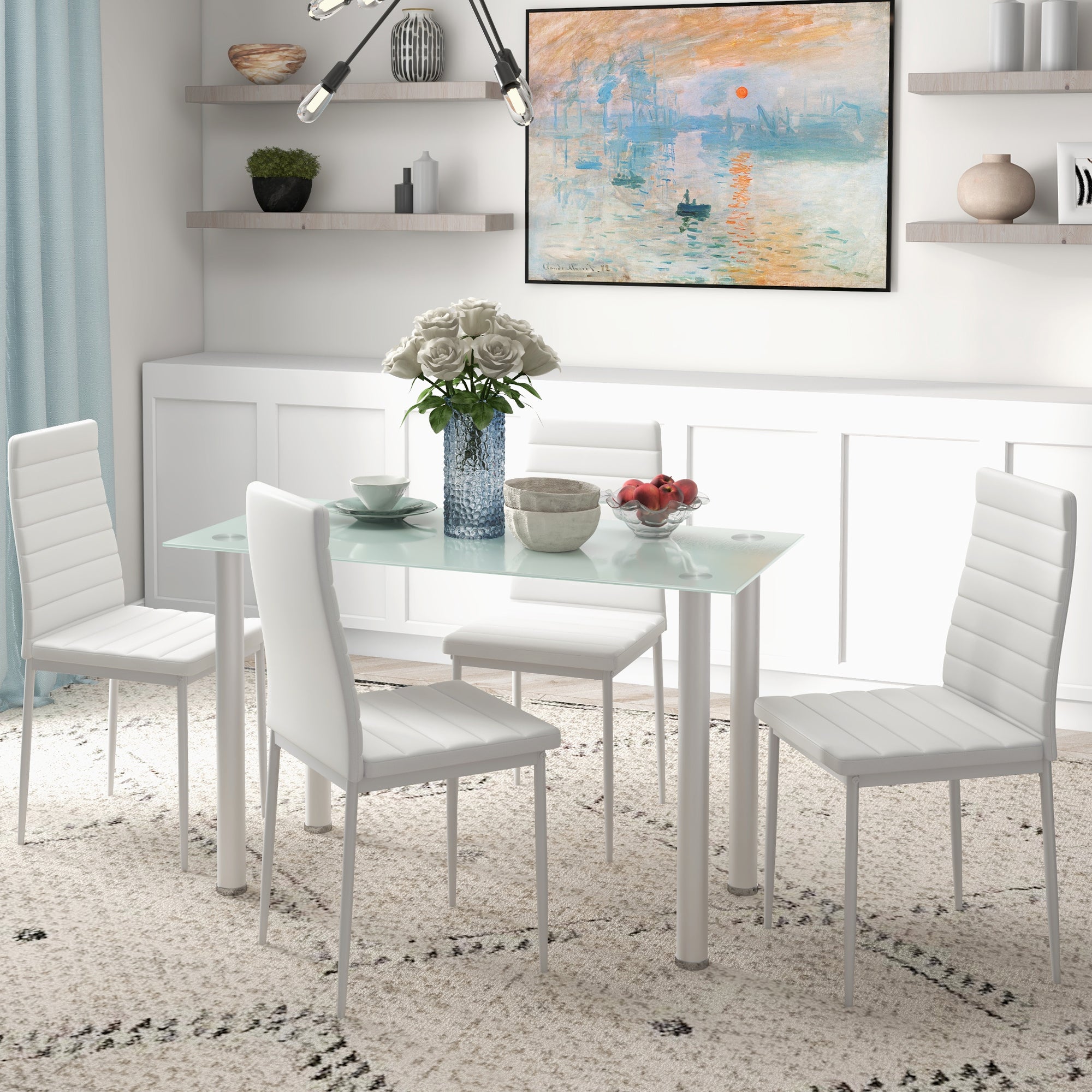 5-Piece Dining Set, Dining Table with 4 Chairs, Kitchen Table with Tempered Glass Top, Dining Group, Dining Furniture, Dining Table Set for Kitchen, Dining Room, Steel, White
