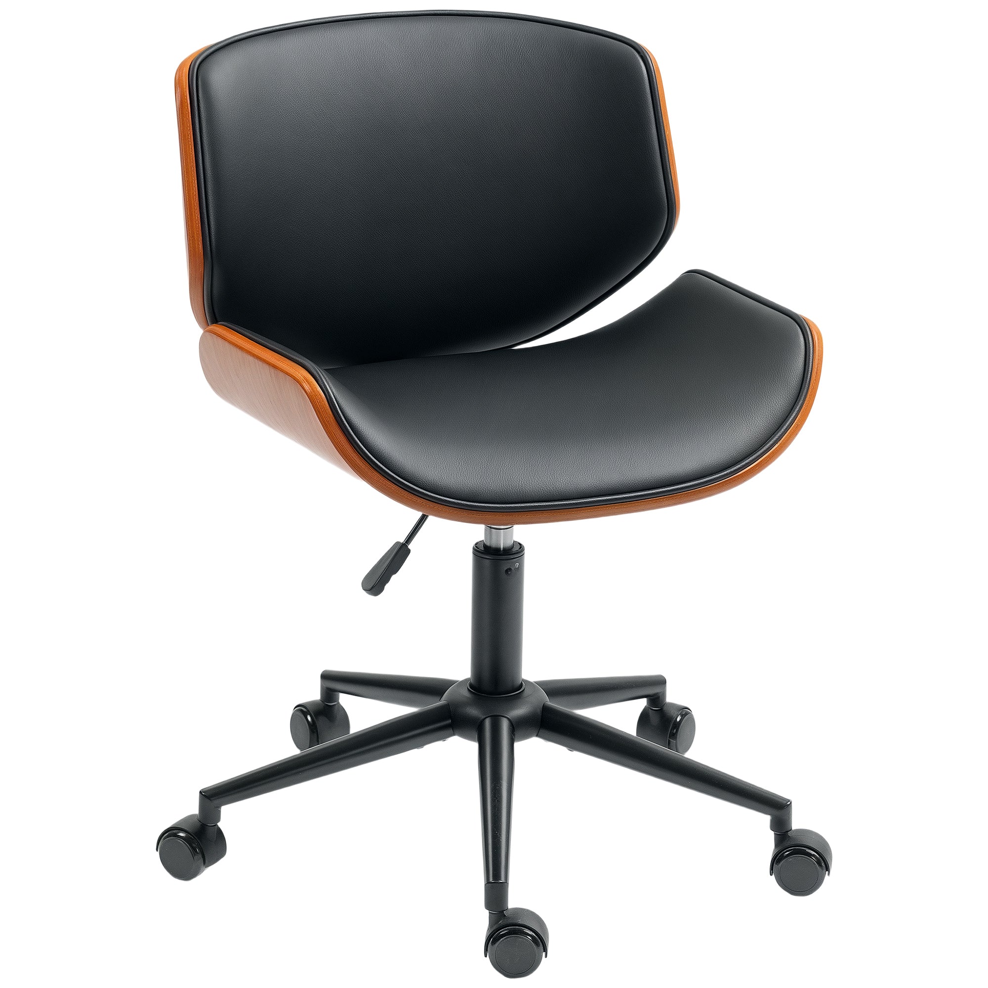 Mid-Century Armless Office Chair — Ergonomic, Height-Adjustable, 360° Swivel, PU, Black & Walnut