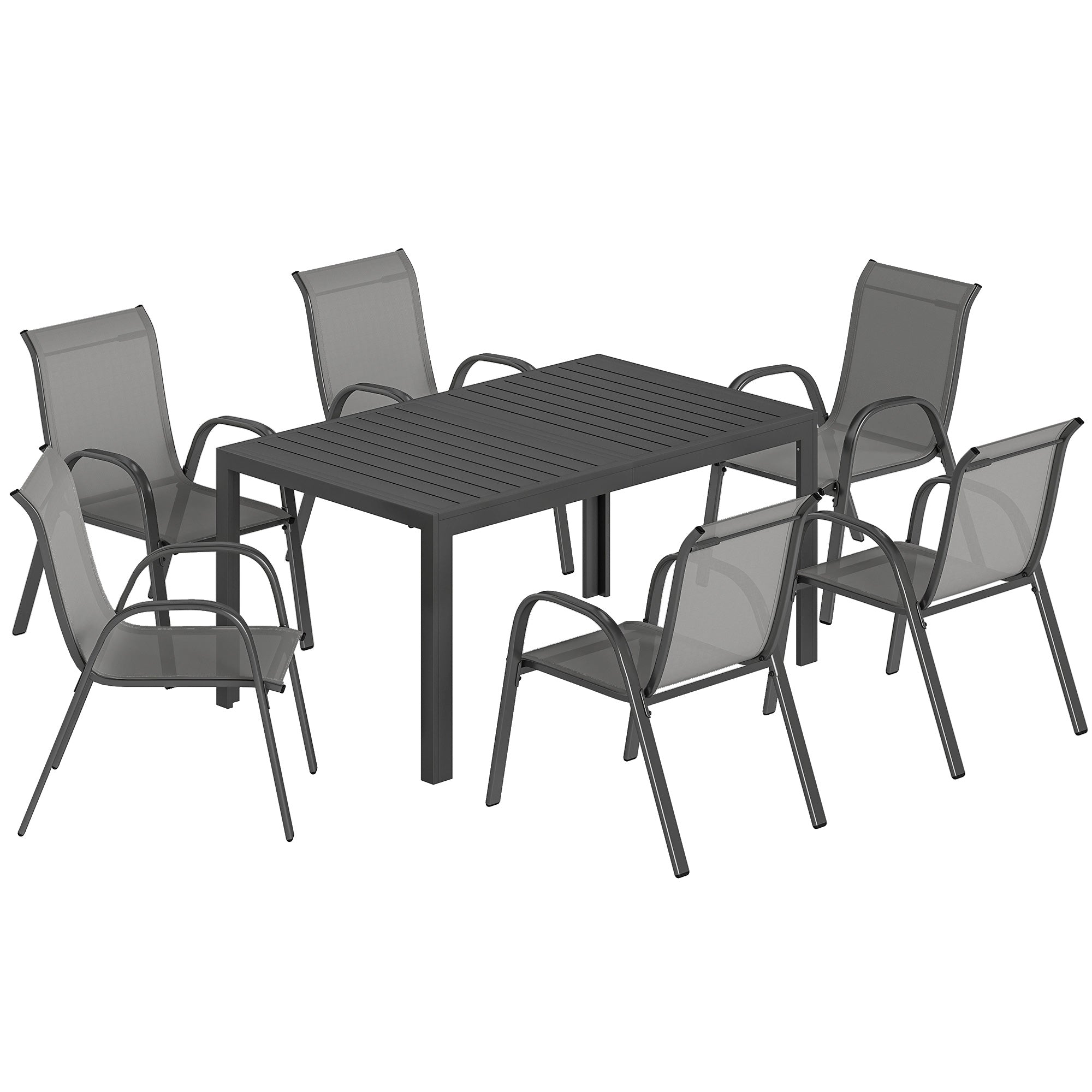 7-Piece Garden Dining Set — Rectangular Table with 6 Stackable Textilene Chairs, Light Gray