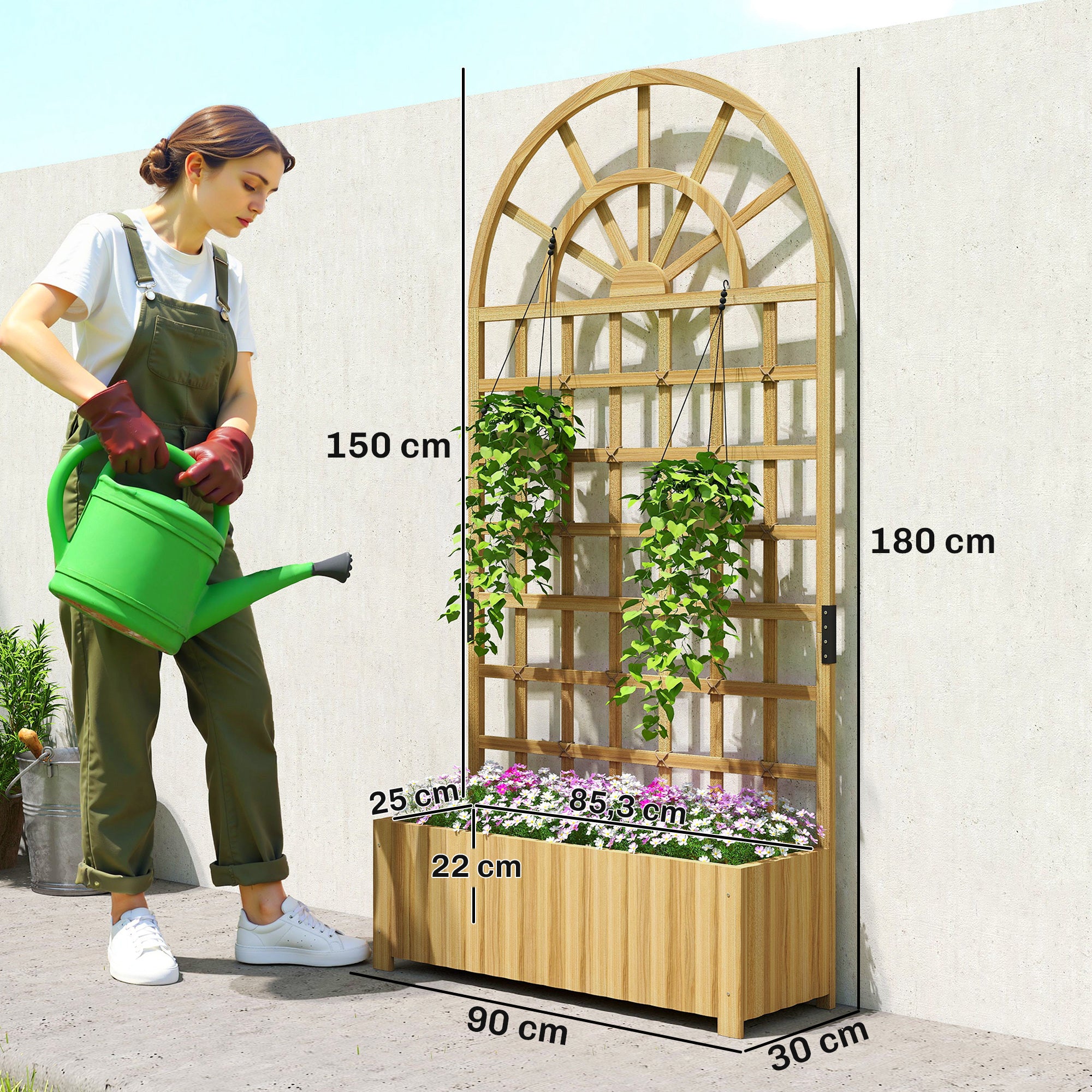 Wooden Trellis Planter, Large Elevated Outdoor Planter for Climbing Plants with Drainage Holes, 90 x 30 x 180 cm (35.4 x 11.8 x 70.9 in), Natural