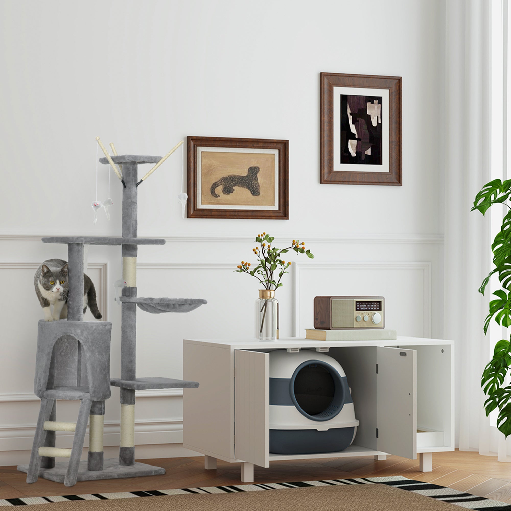 Cat Litter Box Furniture with Door Scratcher for Cats Litter Box for Cats Indoor 91x52x50.5 cm White