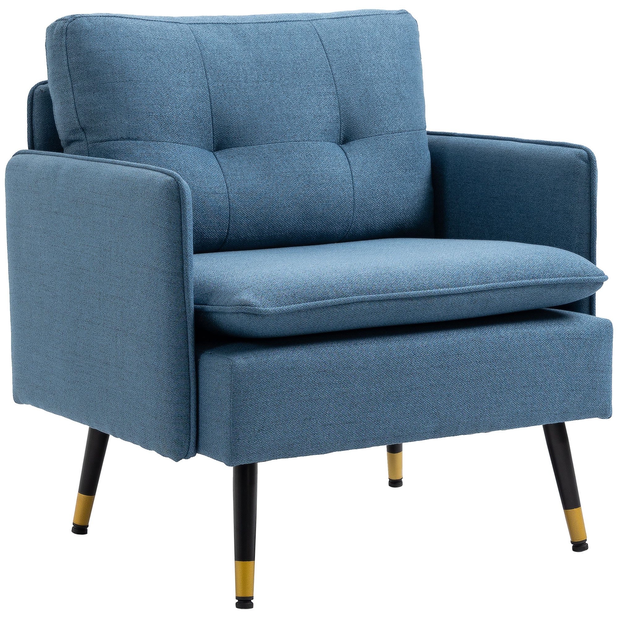 Scandinavian armchair with tufted back and contrasting piping in fabric 76 x 68 x 80 cm - blue and black and gold metal legs