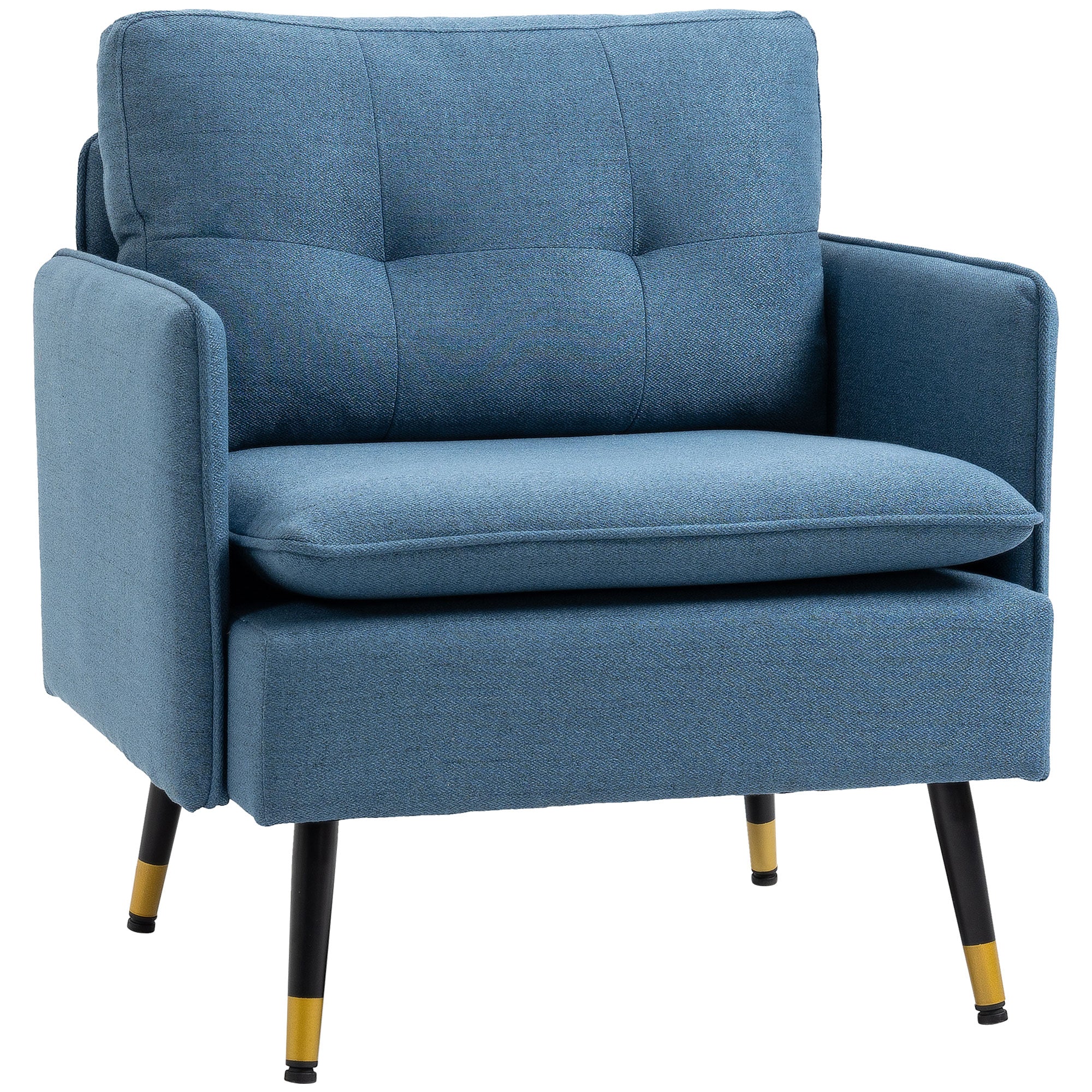 Scandinavian armchair with tufted back and contrasting piping in fabric 76 x 68 x 80 cm - blue and black and gold metal legs