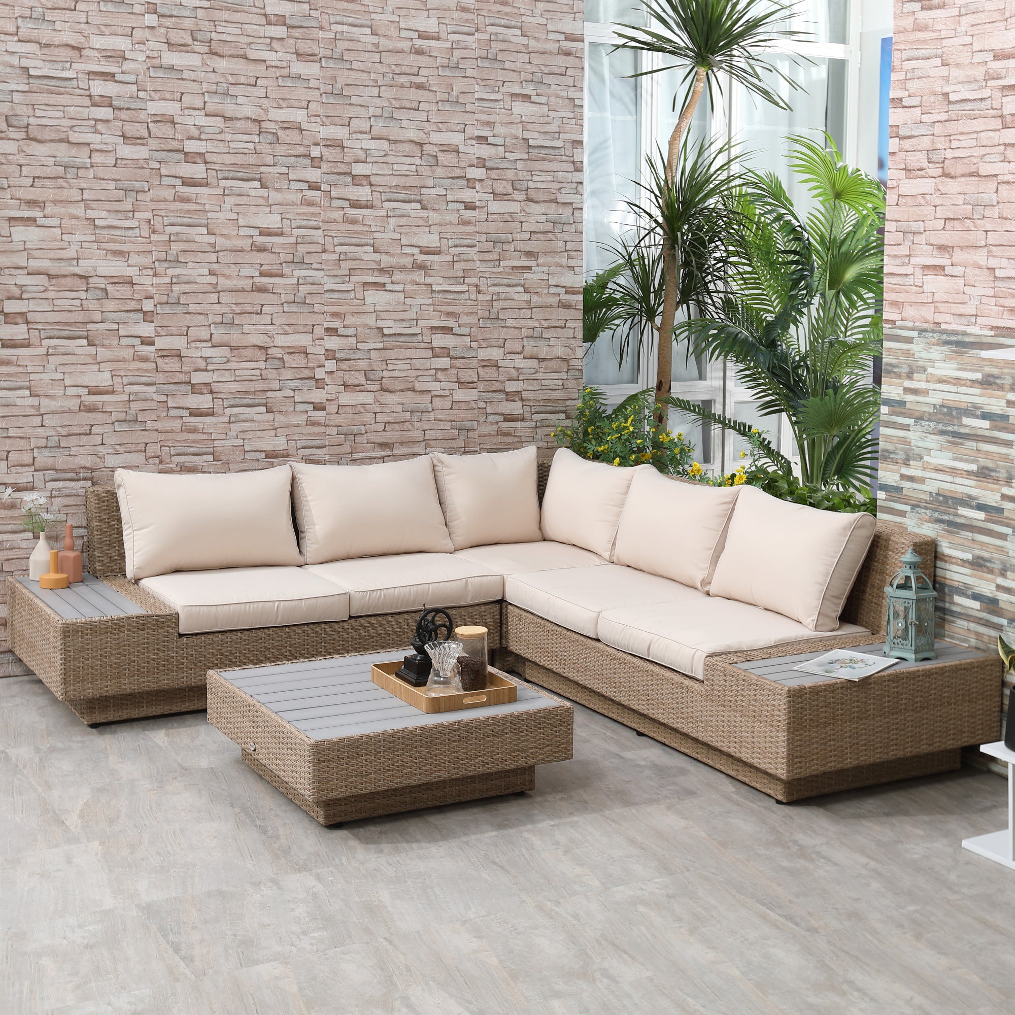5-seater corner garden lounge set contemporary design thick cushions coffee table woven resin metal, beige