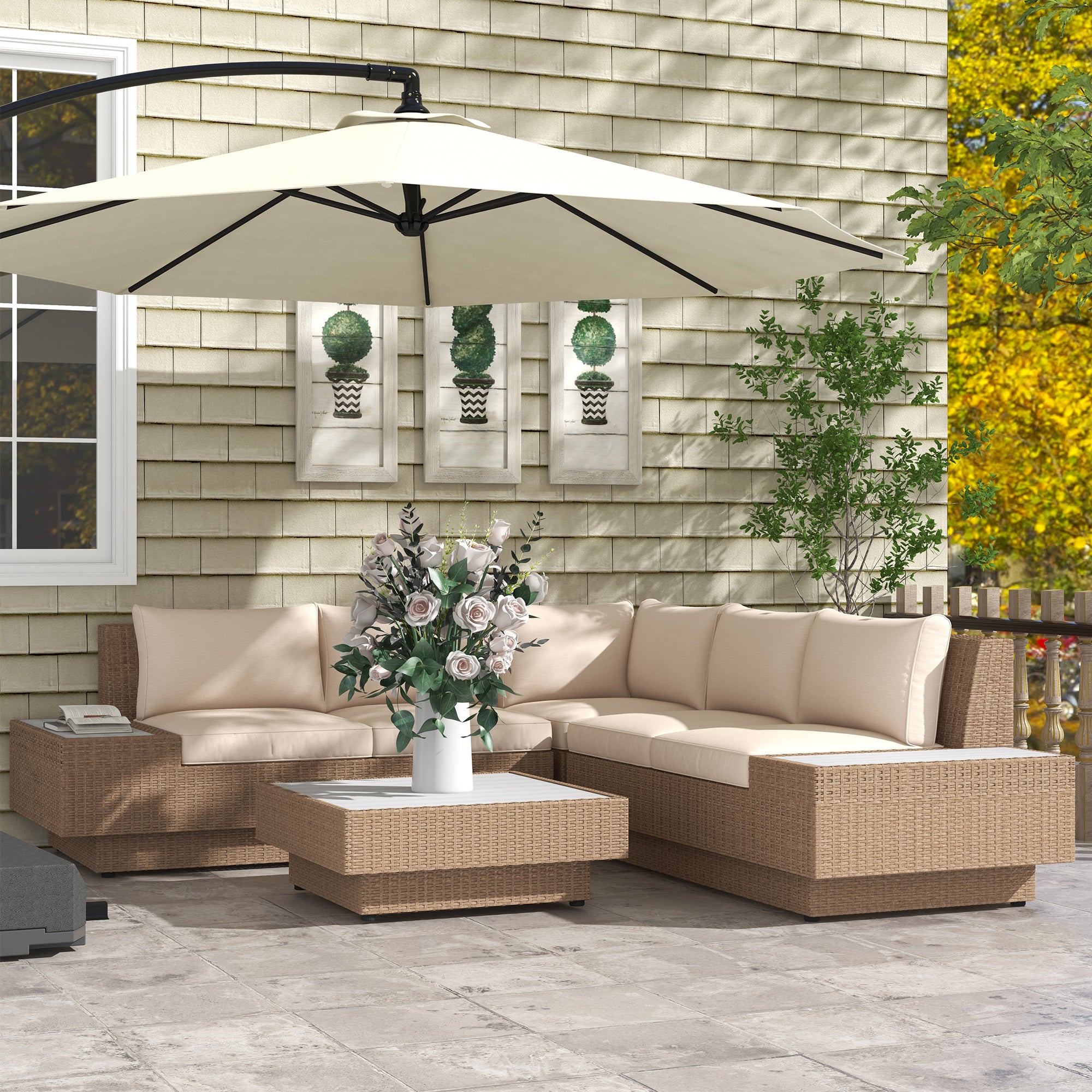5-seater corner garden lounge set contemporary design thick cushions coffee table woven resin metal, beige