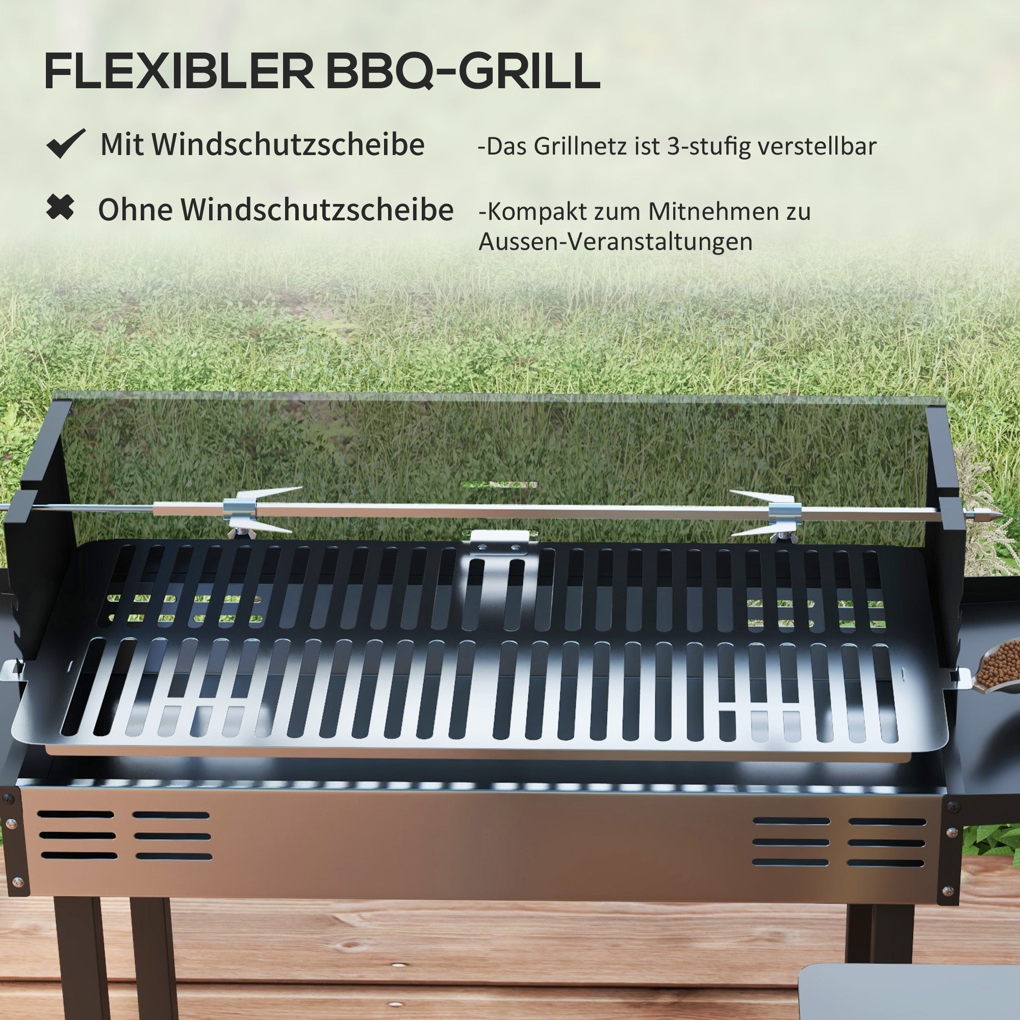 charcoal grill camping grill with grill grate and rotisserie kit, foldable, portable, camping garden BBQ, stainless steel+metal, black, 118 x 32 x 90 cm