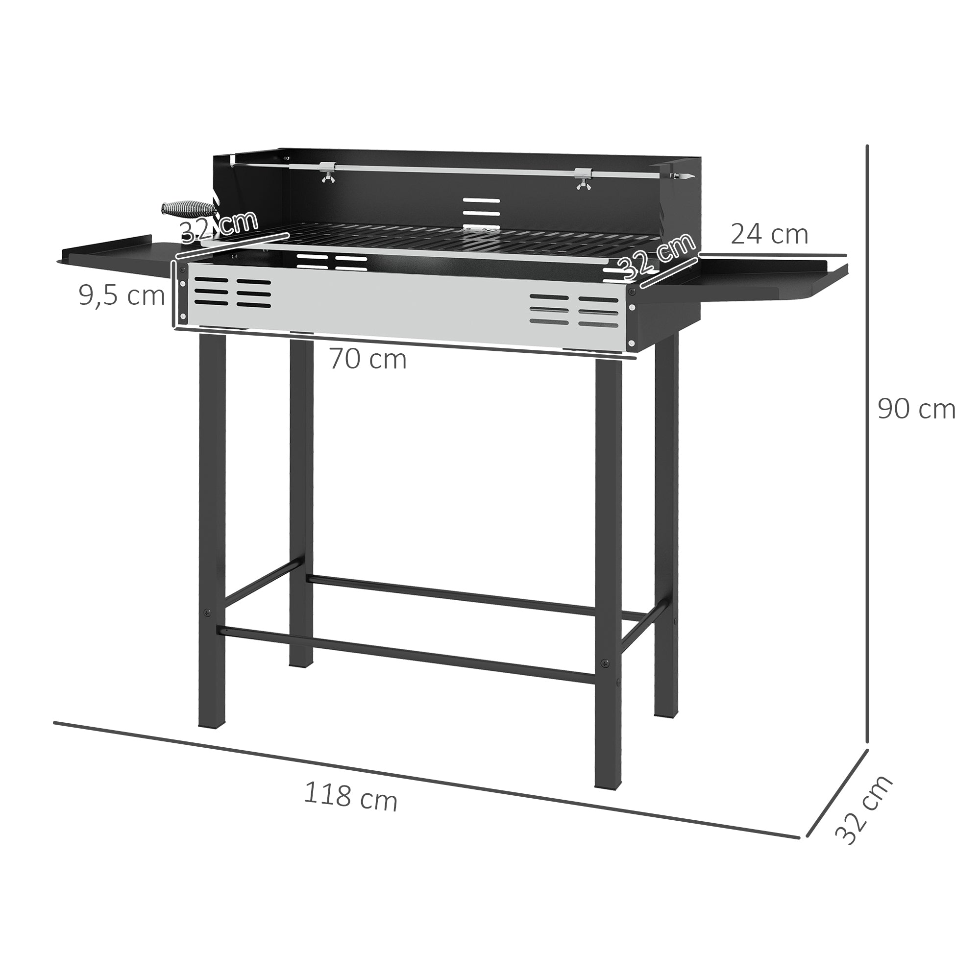 charcoal grill camping grill with grill grate and rotisserie kit, foldable, portable, camping garden BBQ, stainless steel+metal, black, 118 x 32 x 90 cm