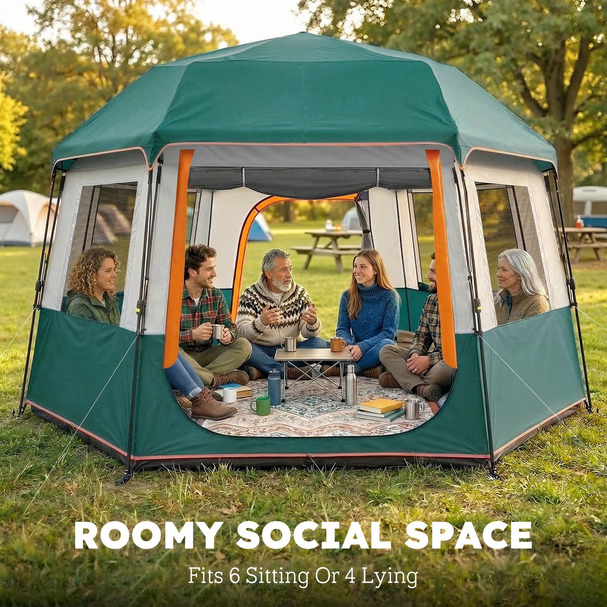 4–6 Person Waterproof Family Camping Tent, Removable Top for Stargazing, 3000 mm Waterproof, UV30+ Sun Protection — Green