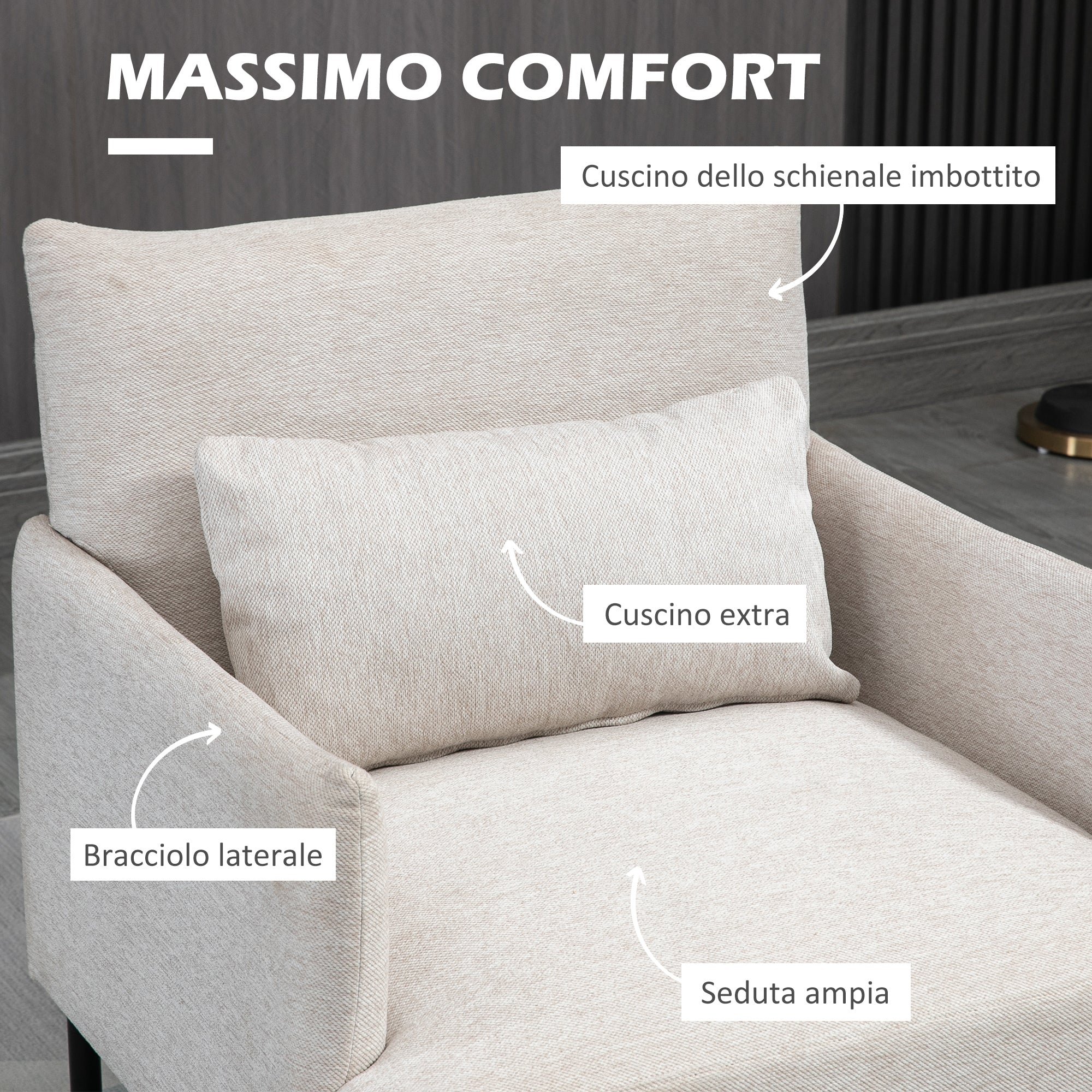 Modern Upholstered Armchair with Extra Cushion, Linen Effect Fabric and Steel, 73x81x82 cm, Cream White