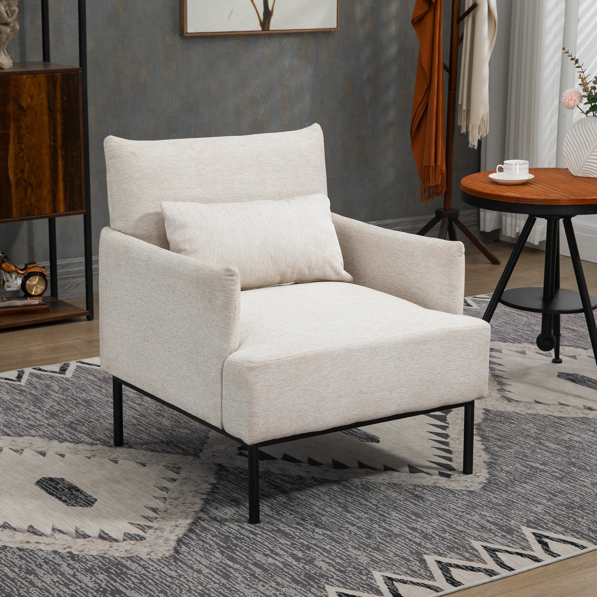Modern Upholstered Armchair with Extra Cushion, Linen Effect Fabric and Steel, 73x81x82 cm, Cream White
