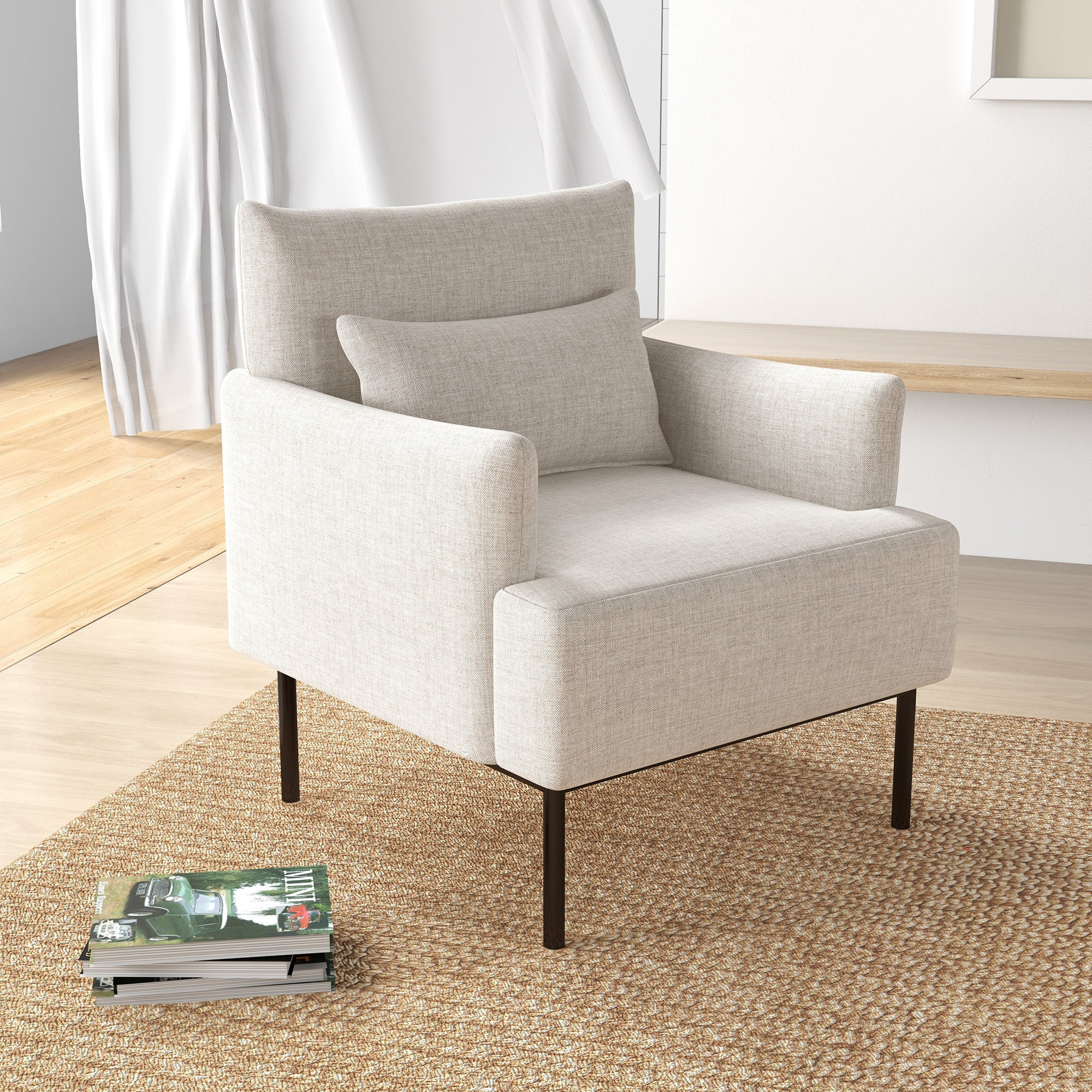 Modern Upholstered Armchair with Extra Cushion, Linen Effect Fabric and Steel, 73x81x82 cm, Cream White
