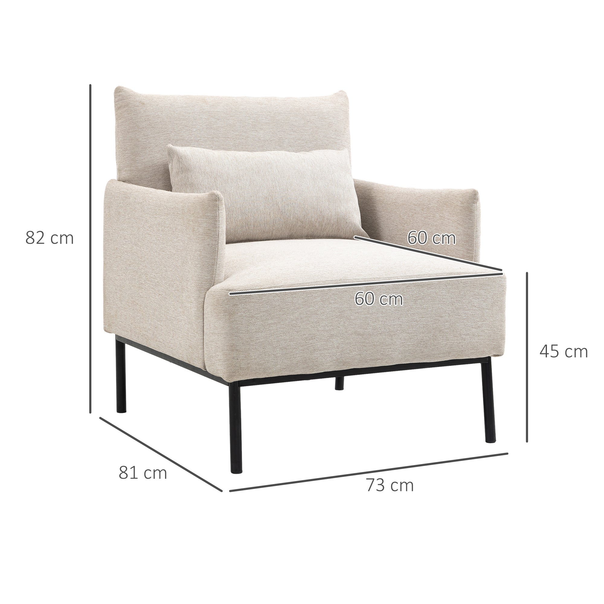 Modern Upholstered Armchair with Extra Cushion, Linen Effect Fabric and Steel, 73x81x82 cm, Cream White